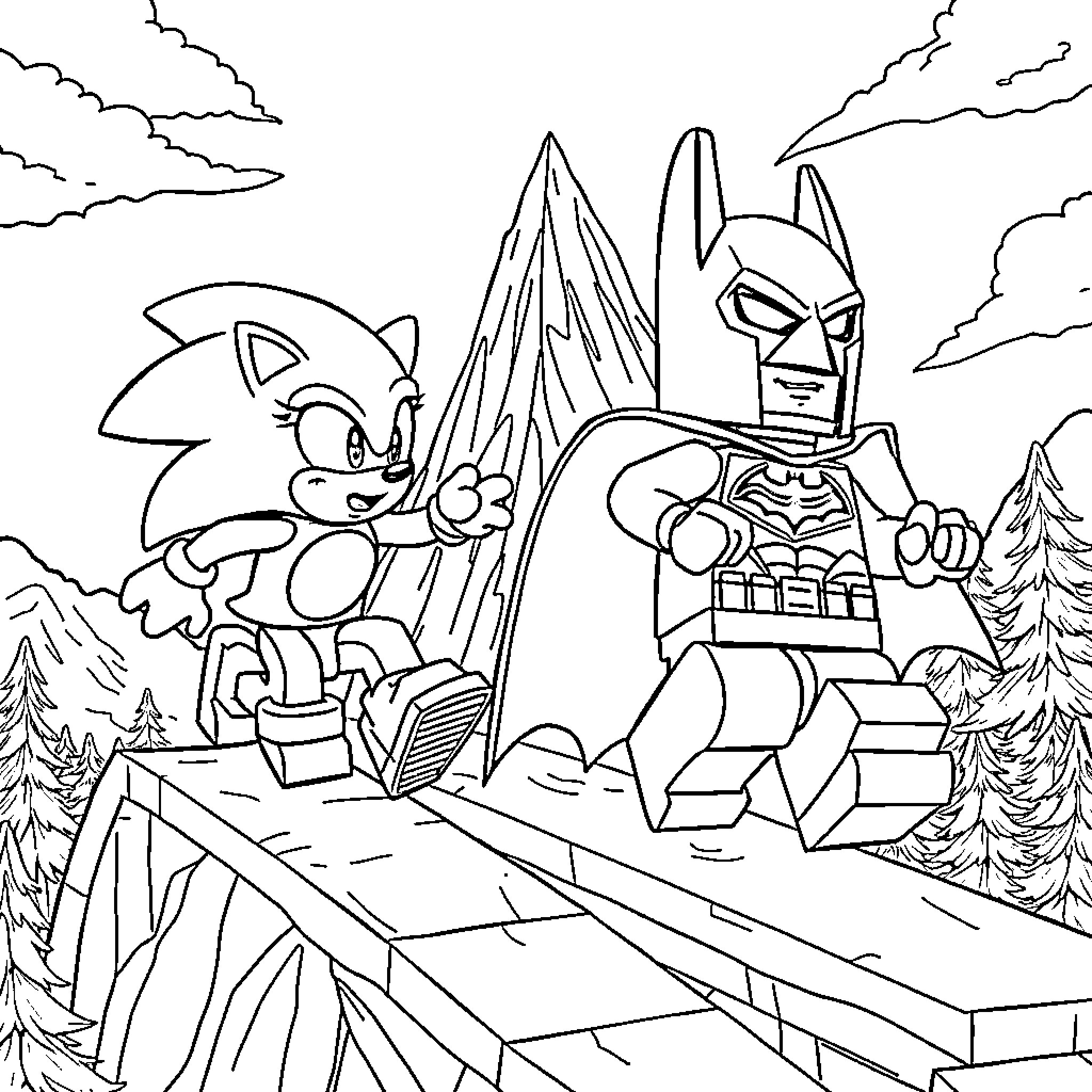 Sonic and Batman in an adventurous scene Coloring Page (free black-and-white line drawing printable PDF for all, from beginners to advanced learners, including children, teens, adults, and seniors)