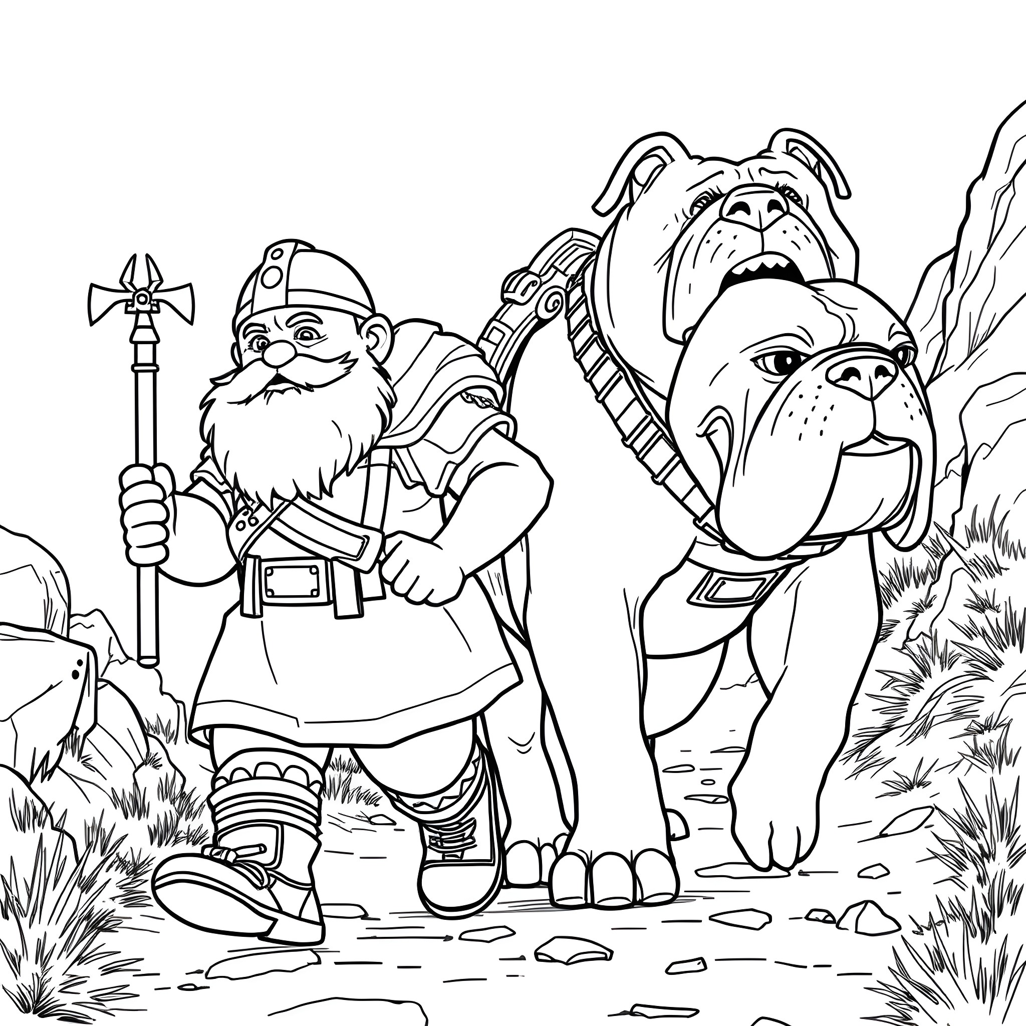 Gimli the dwarf and his loyal companions on a forest adventure Coloring Page (free black-and-white line drawing printable PDF for all, from beginners to advanced learners, including children, teens, adults, and seniors)