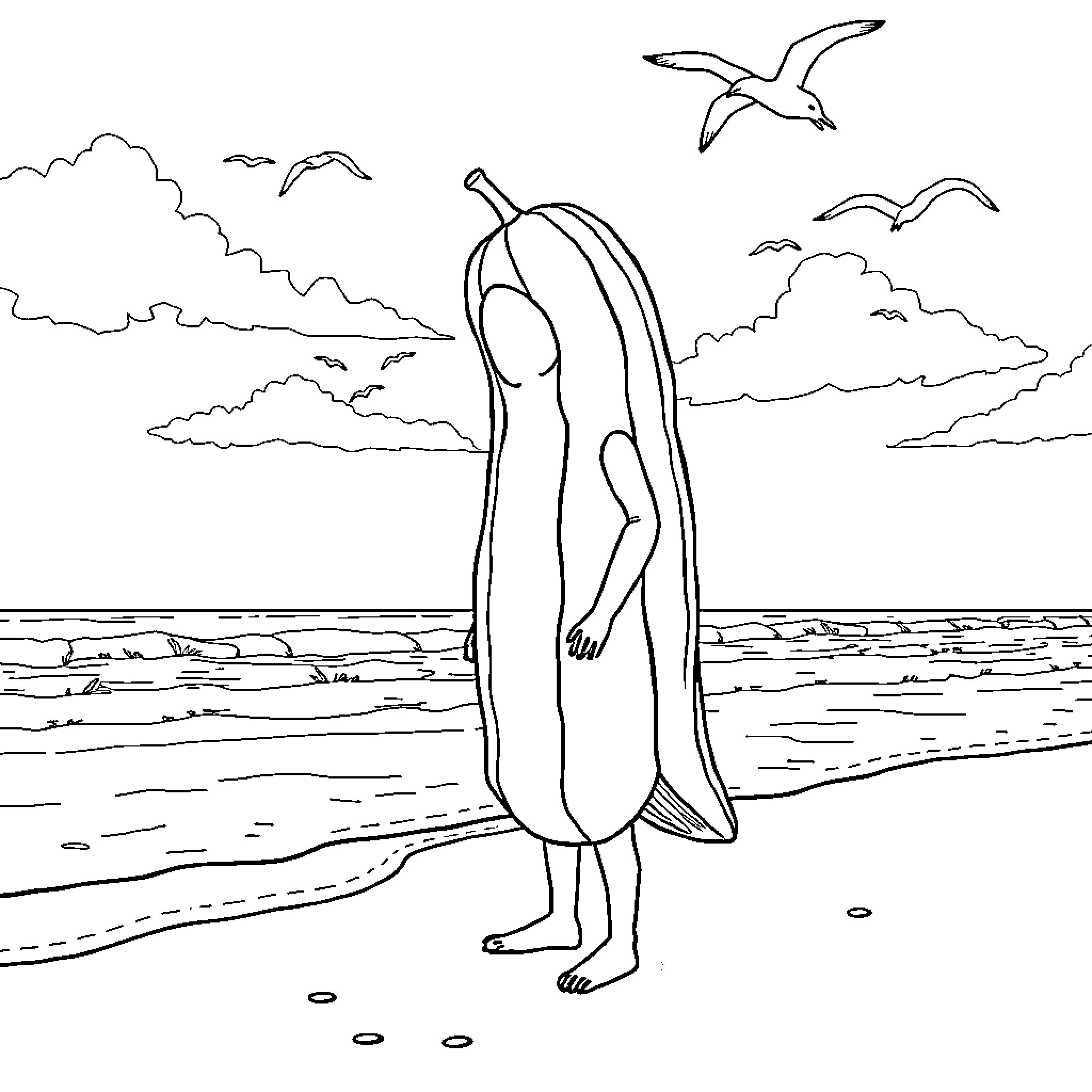 Pickle Standing Alone on the Beach Coloring Page (free black-and-white line drawing printable PDF for all, from beginners to advanced learners, including children, teens, adults, and seniors)