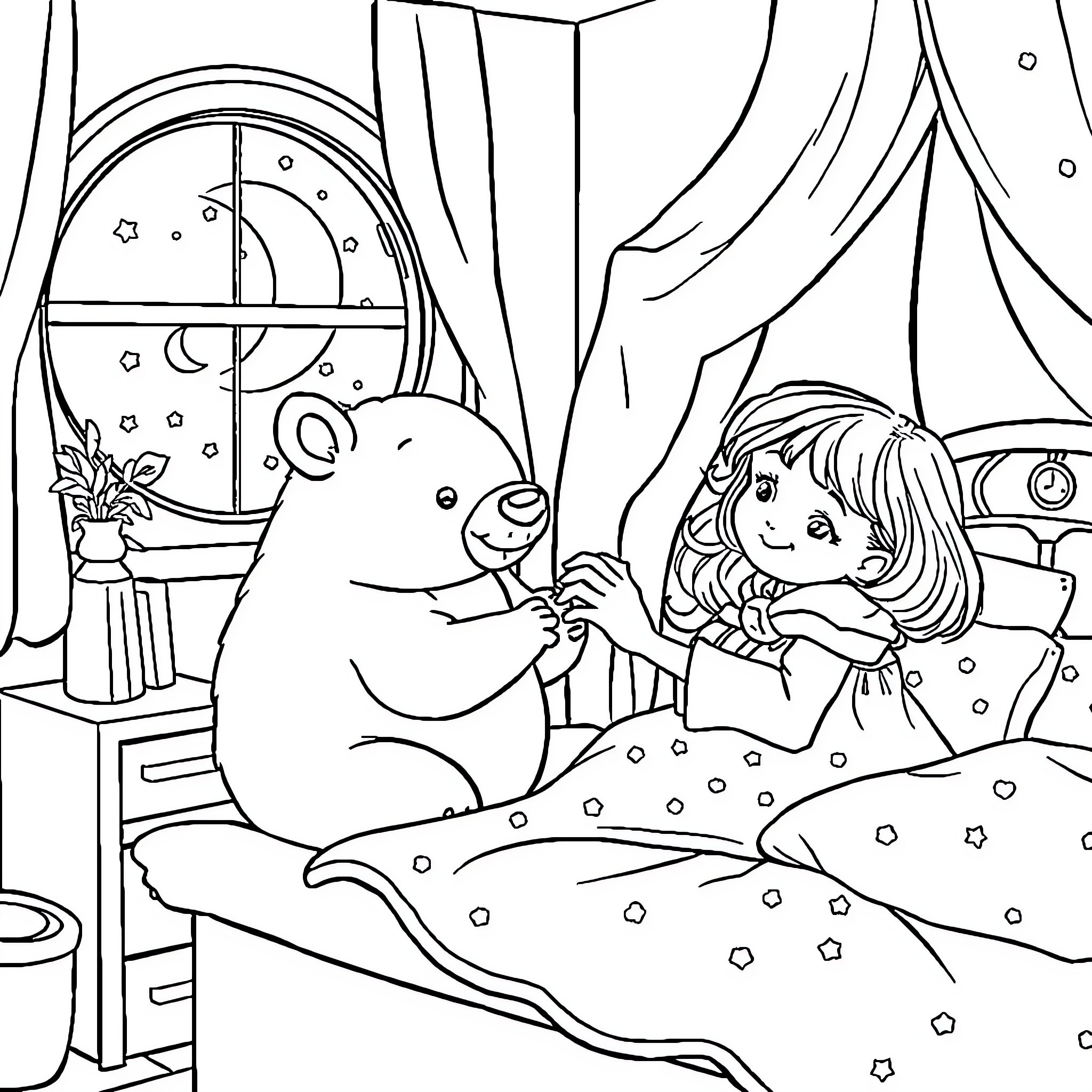 Girl with Teddy Bear on Snowy Nighttime Adventure Coloring Page (free black-and-white line drawing printable PDF for all, from beginners to advanced learners, including children, teens, adults, and seniors)