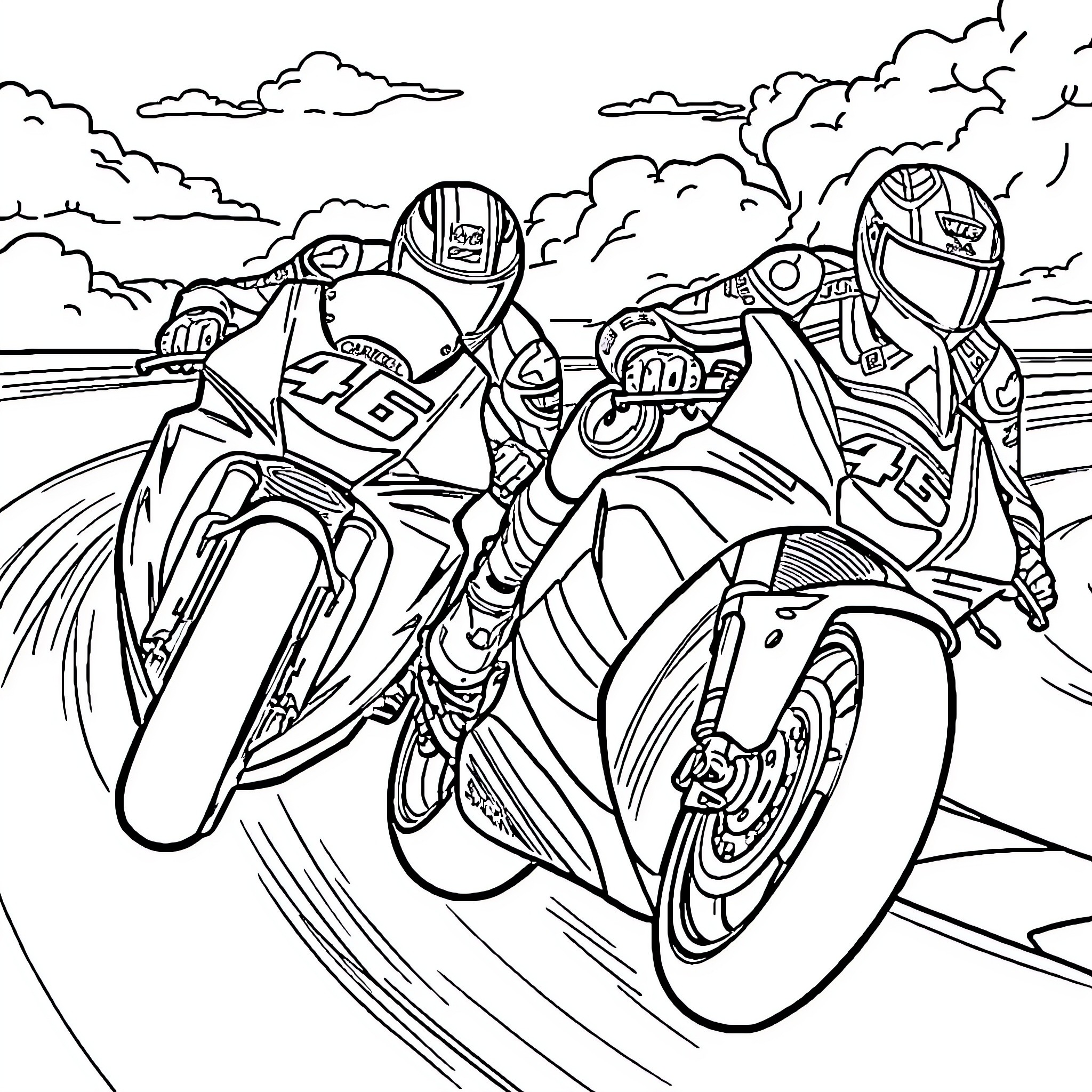 Riders racing on motorcycles through winding road Coloring Page (free black-and-white line drawing printable PDF for all, from beginners to advanced learners, including children, teens, adults, and seniors)