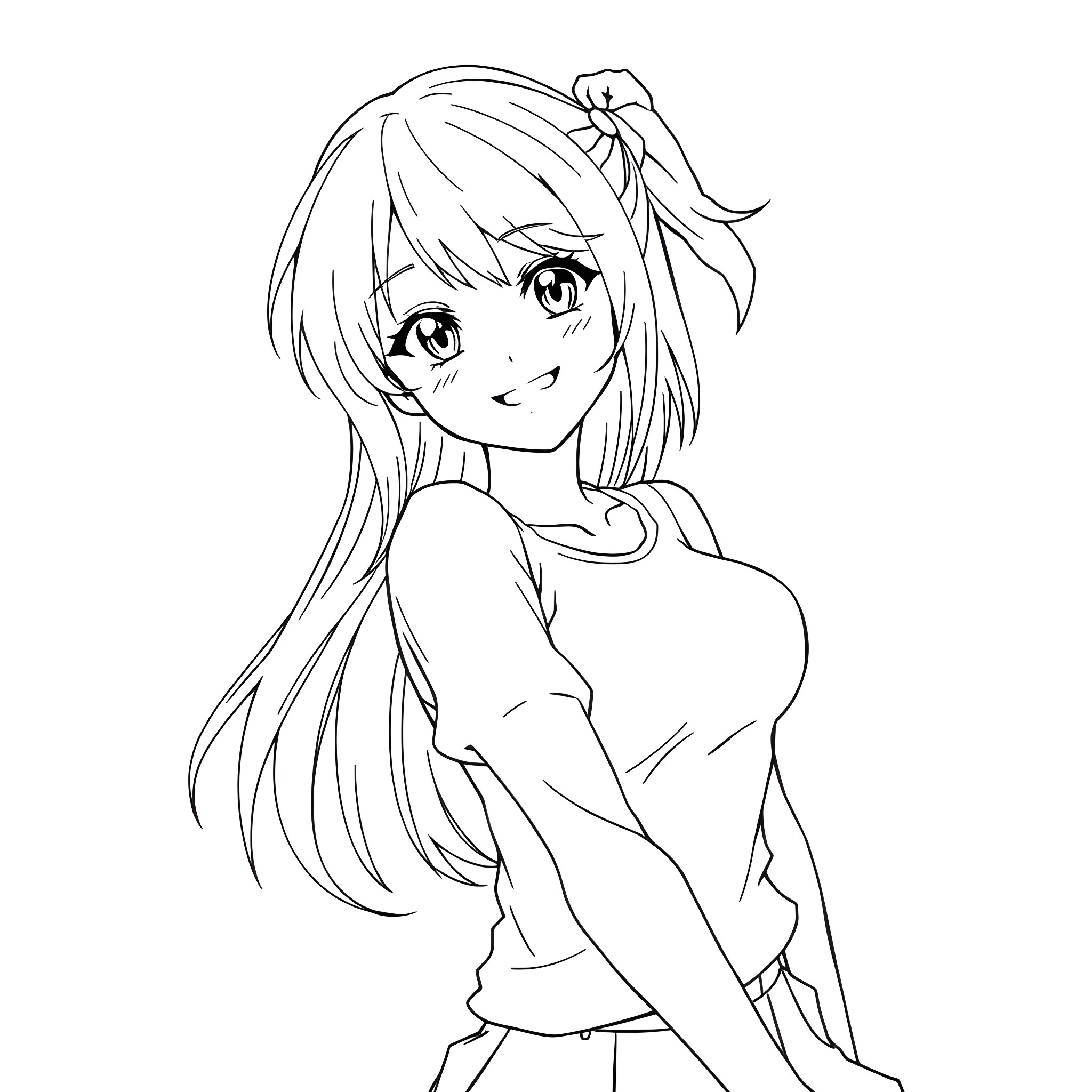 Anime Woman with Flowing Hair and Playful Expression Coloring Page (free black-and-white line drawing printable PDF for all, from beginners to advanced learners, including children, teens, adults, and seniors)