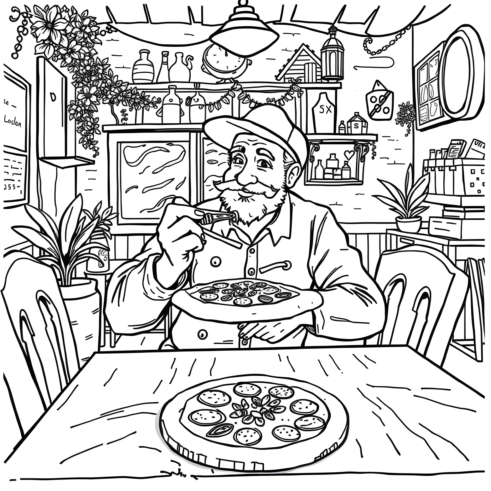 Don Lorenzo enjoying a meal in his cozy café Coloring Page (free black-and-white line drawing printable PDF for all, from beginners to advanced learners, including children, teens, adults, and seniors)