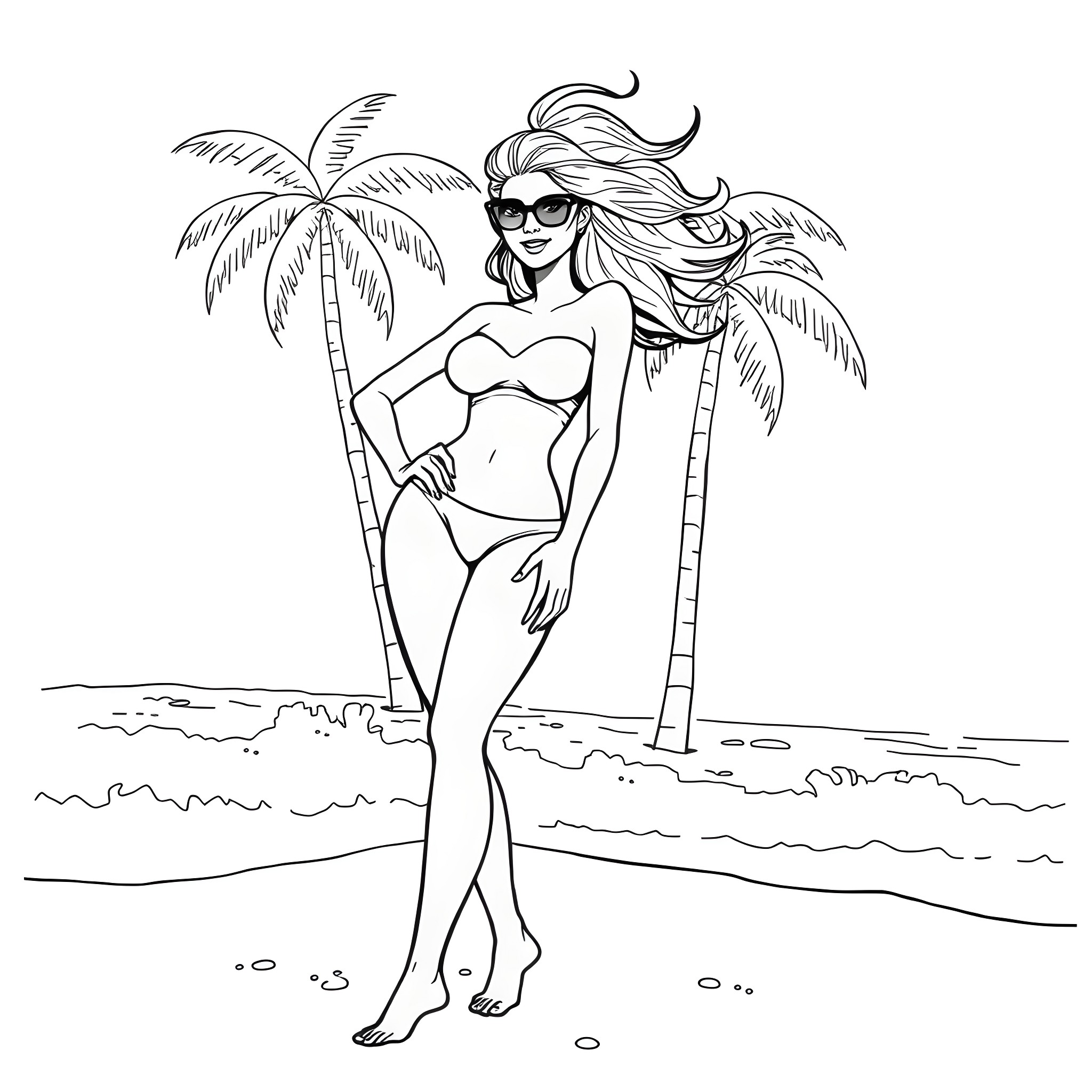 Psylock enjoying a sunny tropical beach Coloring Page (free black-and-white line drawing printable PDF for all, from beginners to advanced learners, including children, teens, adults, and seniors)