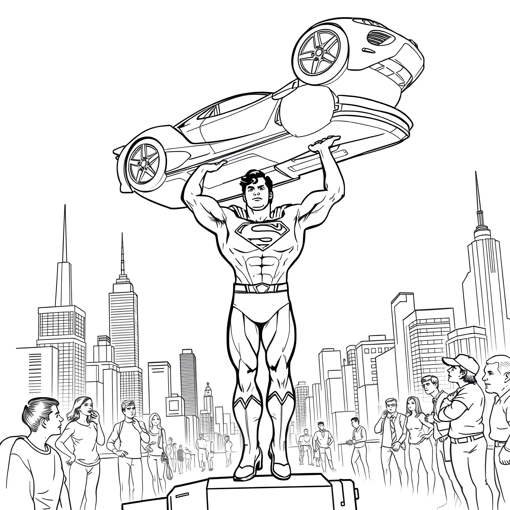 Superman lifts car to save people in the city Coloring Page (free black-and-white line drawing printable PDF for all, from beginners to advanced learners, including children, teens, adults, and seniors)