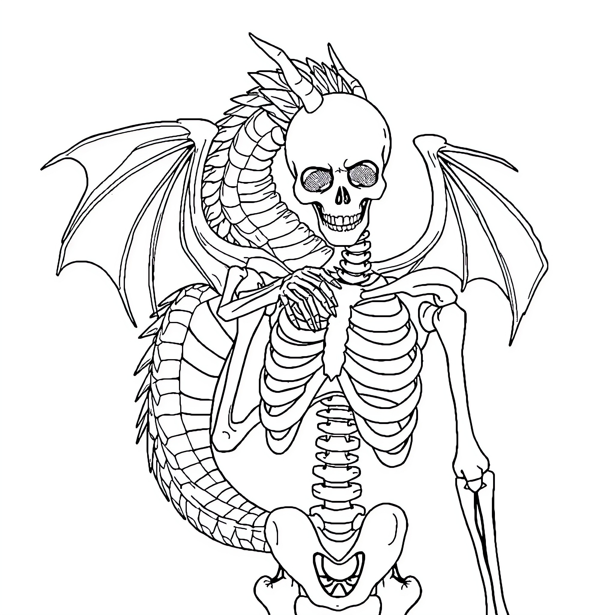 Dragon Skeleton with Bat Wings Coloring Page (free black-and-white line drawing printable PDF for all, from beginners to advanced learners, including children, teens, adults, and seniors)