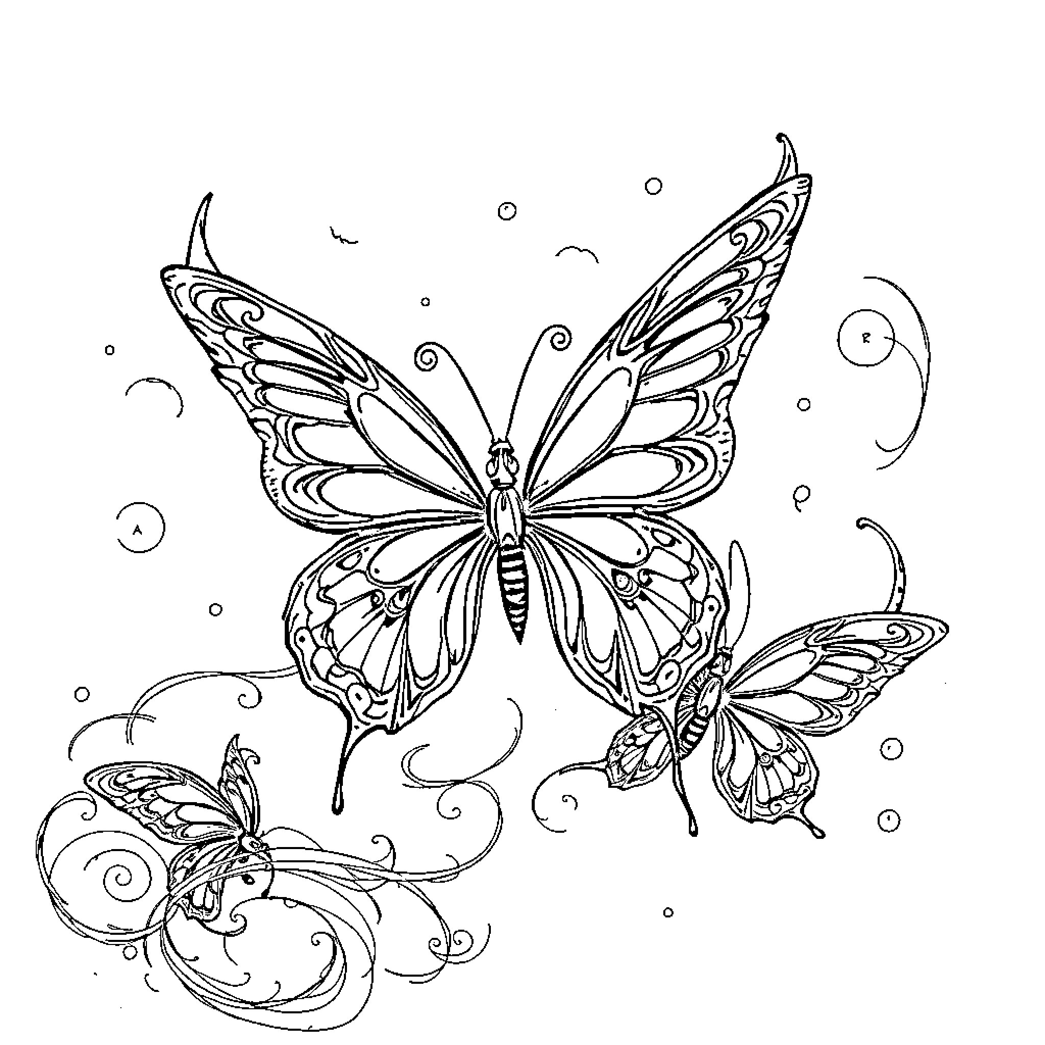 Butterfly Elegantly Dancing in Whimsical Dreamscape Coloring Page (free black-and-white line drawing printable PDF for all, from beginners to advanced learners, including children, teens, adults, and seniors)