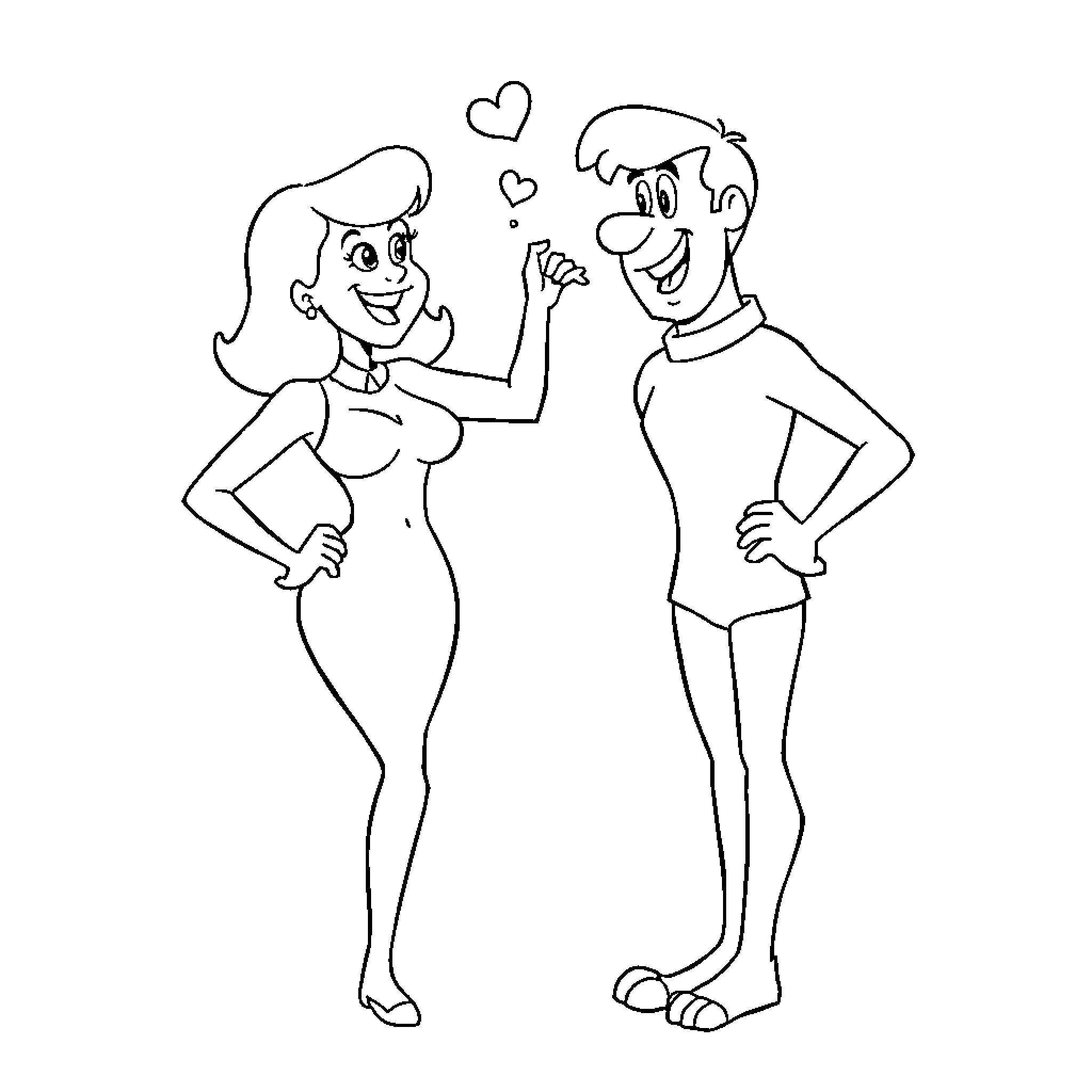 Velma and Fred flirting happily Coloring Page (free black-and-white line drawing printable PDF for all, from beginners to advanced learners, including children, teens, adults, and seniors)
