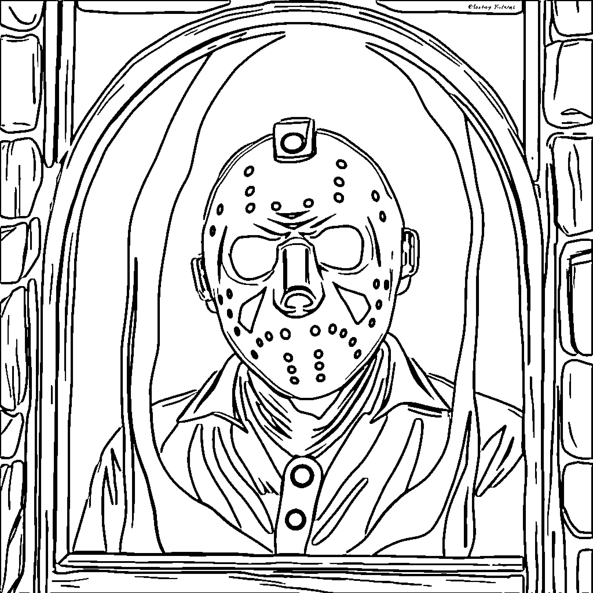 Jason Voorhees horror mask in a dark setting Coloring Page (free black-and-white line drawing printable PDF for all, from beginners to advanced learners, including children, teens, adults, and seniors)