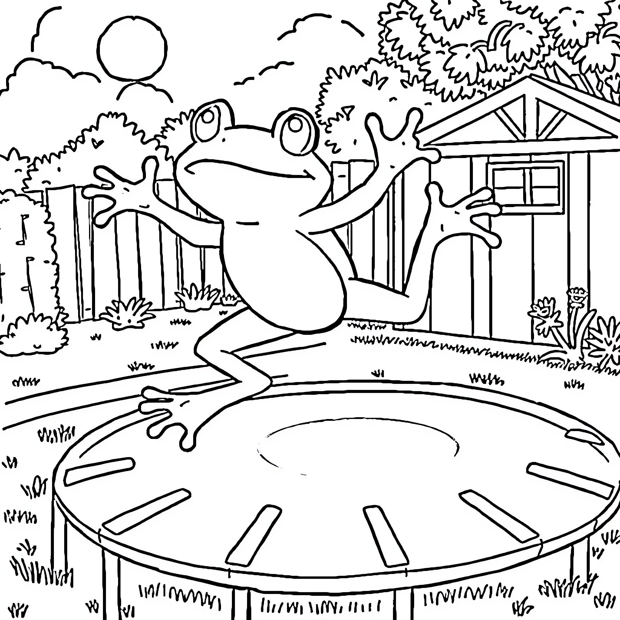 Frog jumping on a clock in a garden Coloring Page (free black-and-white line drawing printable PDF for all, from beginners to advanced learners, including children, teens, adults, and seniors)