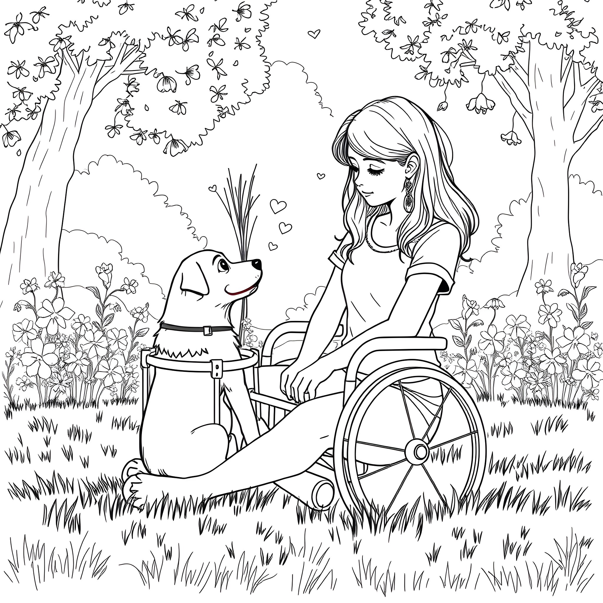 Girl with dog in idyllic forest scene Coloring Page (free black-and-white line drawing printable PDF for all, from beginners to advanced learners, including children, teens, adults, and seniors)