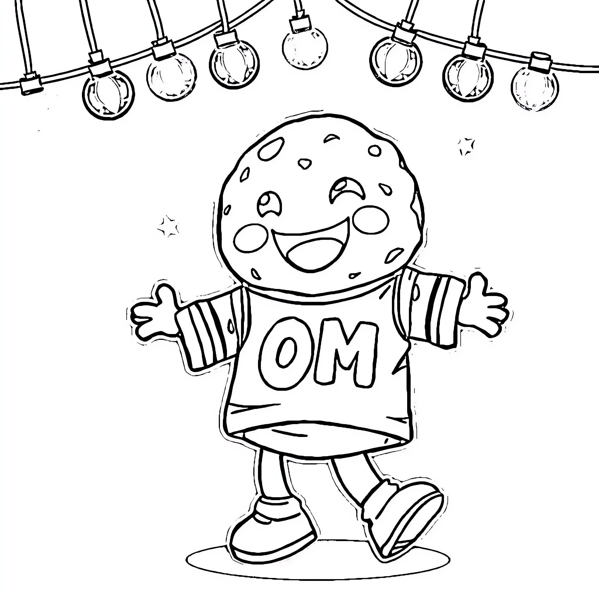 Cookie character celebrating under string lights Coloring Page (free black-and-white line drawing printable PDF for all, from beginners to advanced learners, including children, teens, adults, and seniors)