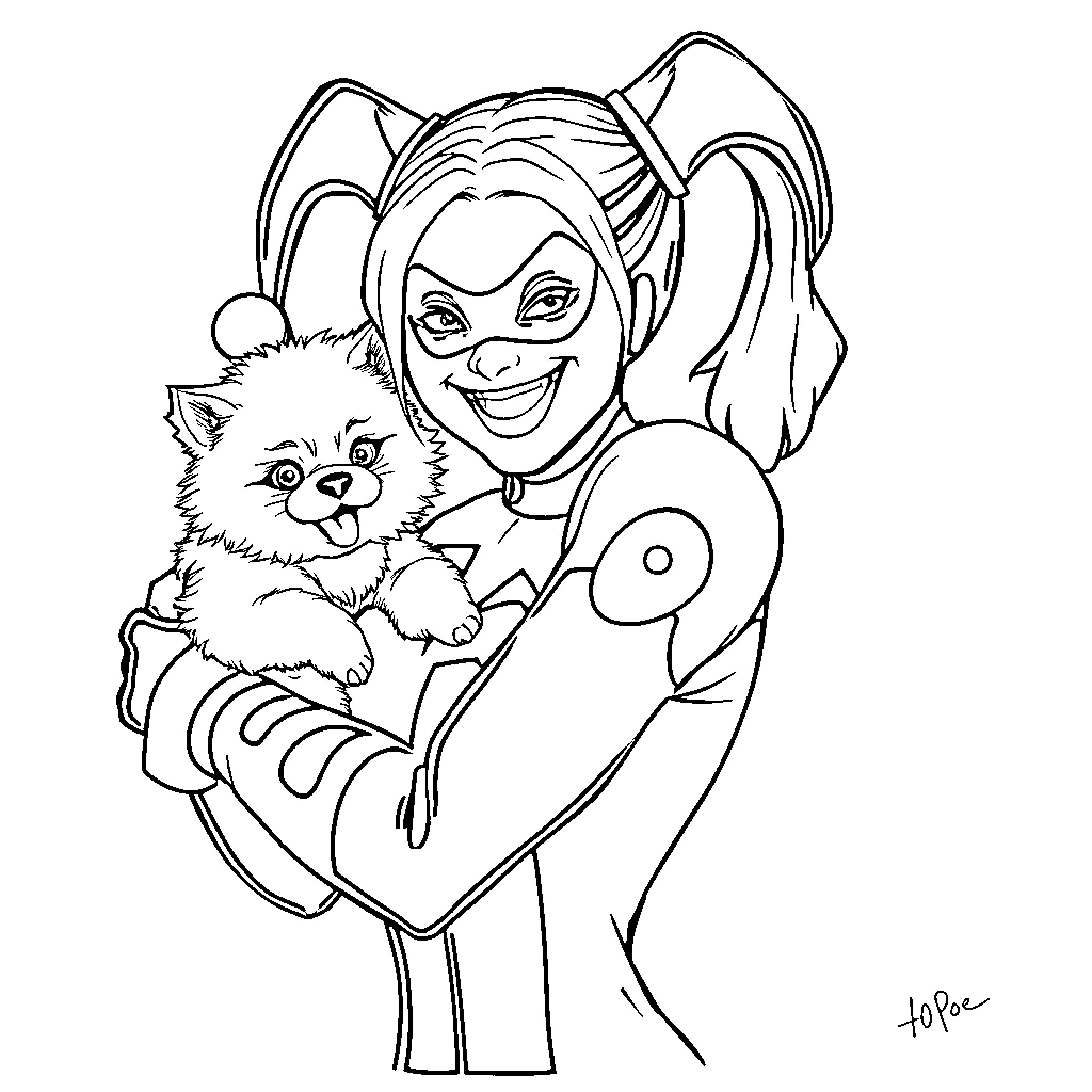 Harley Quinn cuddling a cute pet Coloring Page (free black-and-white line drawing printable PDF for all, from beginners to advanced learners, including children, teens, adults, and seniors)