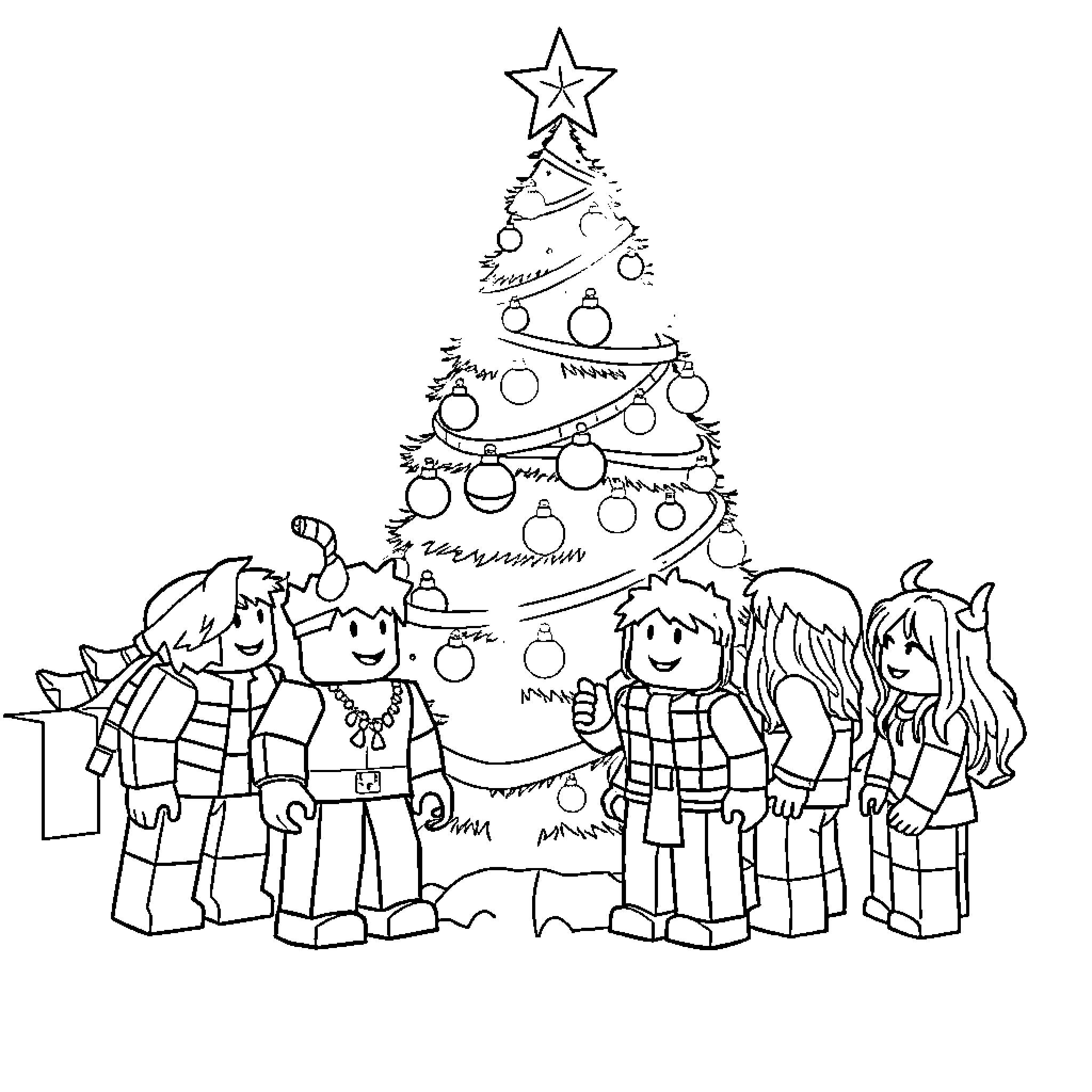 Roblox Character Celebrating Christmas with Friends Coloring Page (free black-and-white line drawing printable PDF for all, from beginners to advanced learners, including children, teens, adults, and seniors)