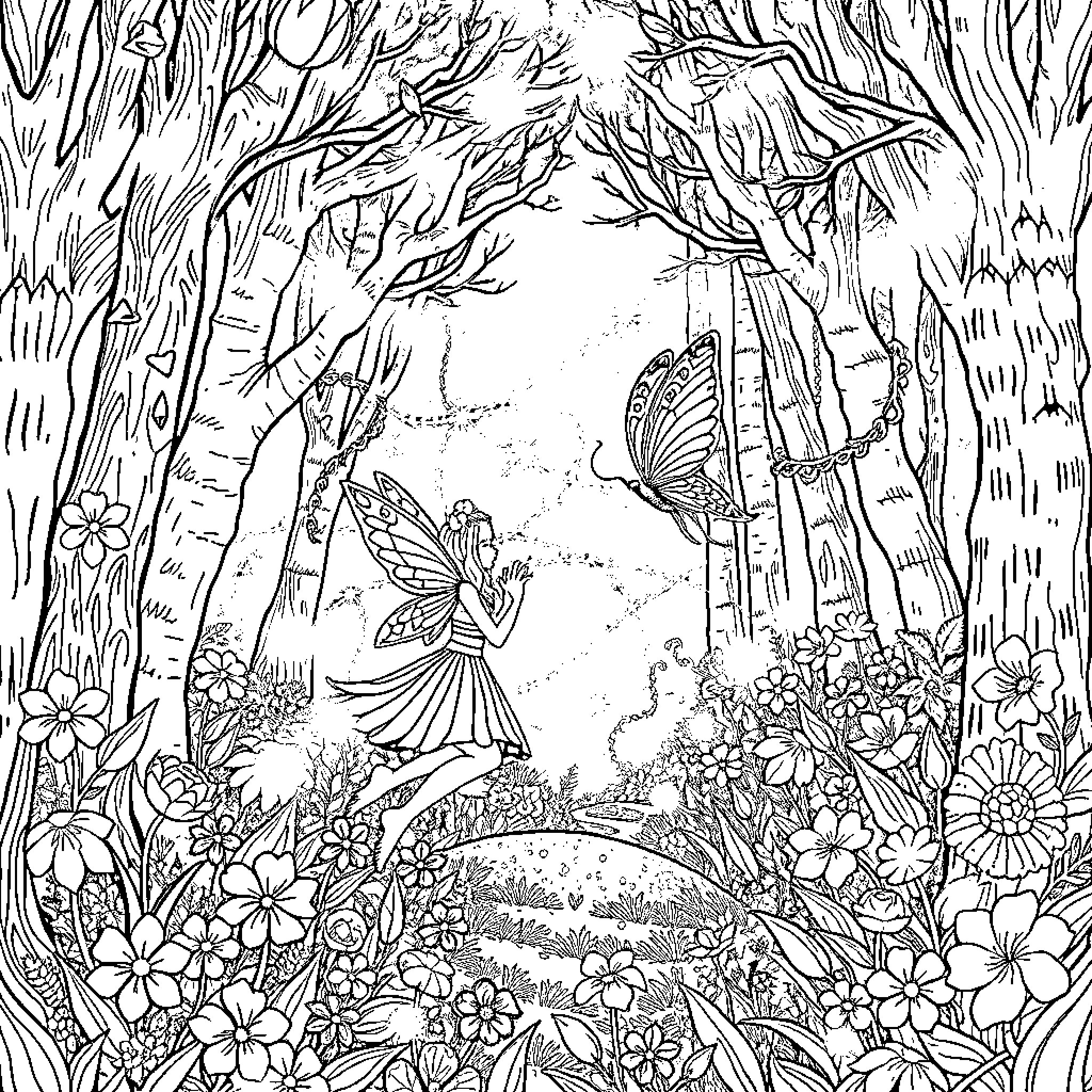 Fairy exploring enchanted forest with flowers and butterflies Coloring Page (free black-and-white line drawing printable PDF for all, from beginners to advanced learners, including children, teens, adults, and seniors)