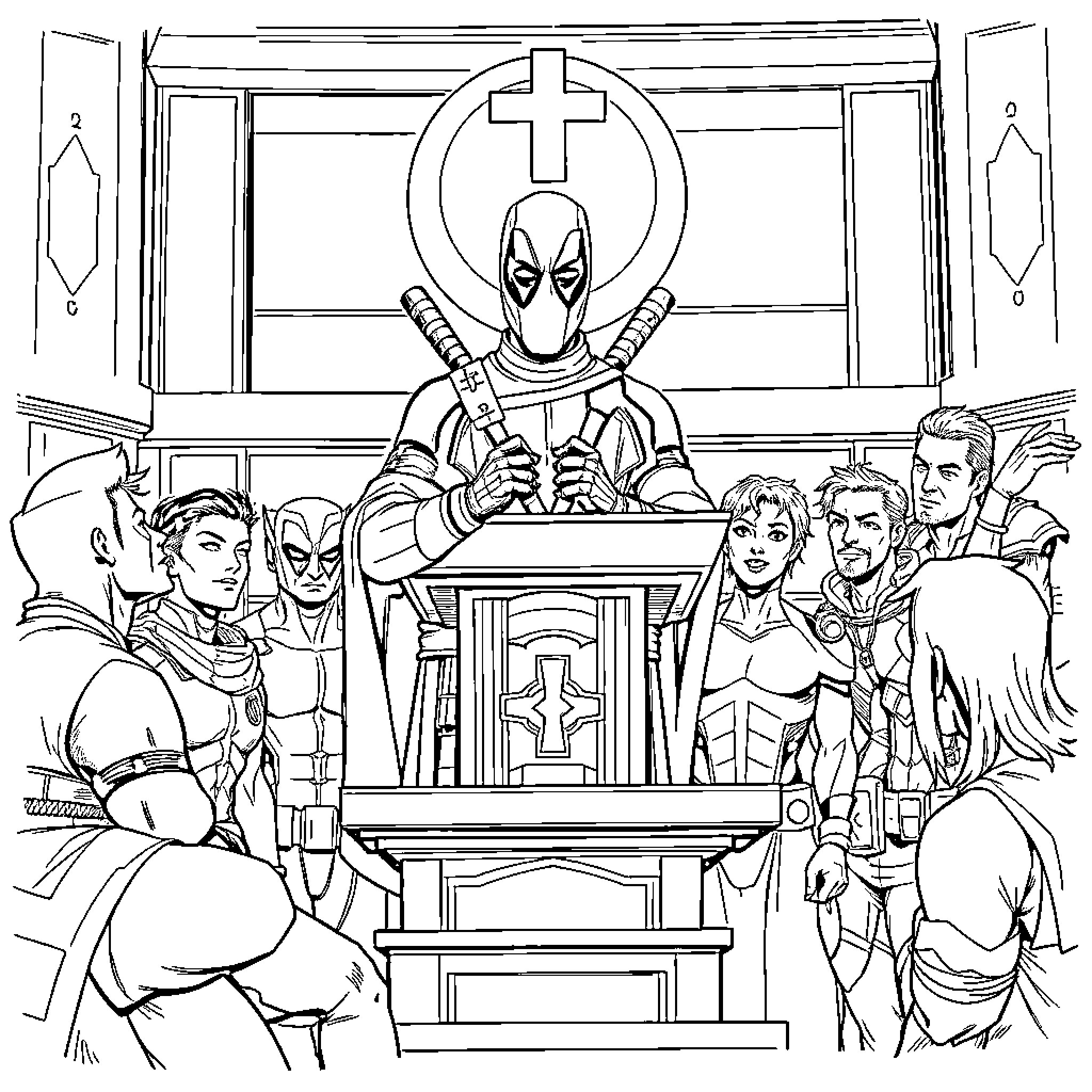 Deadpool preaching to a group of superheroes Coloring Page (free black-and-white line drawing printable PDF for all, from beginners to advanced learners, including children, teens, adults, and seniors)
