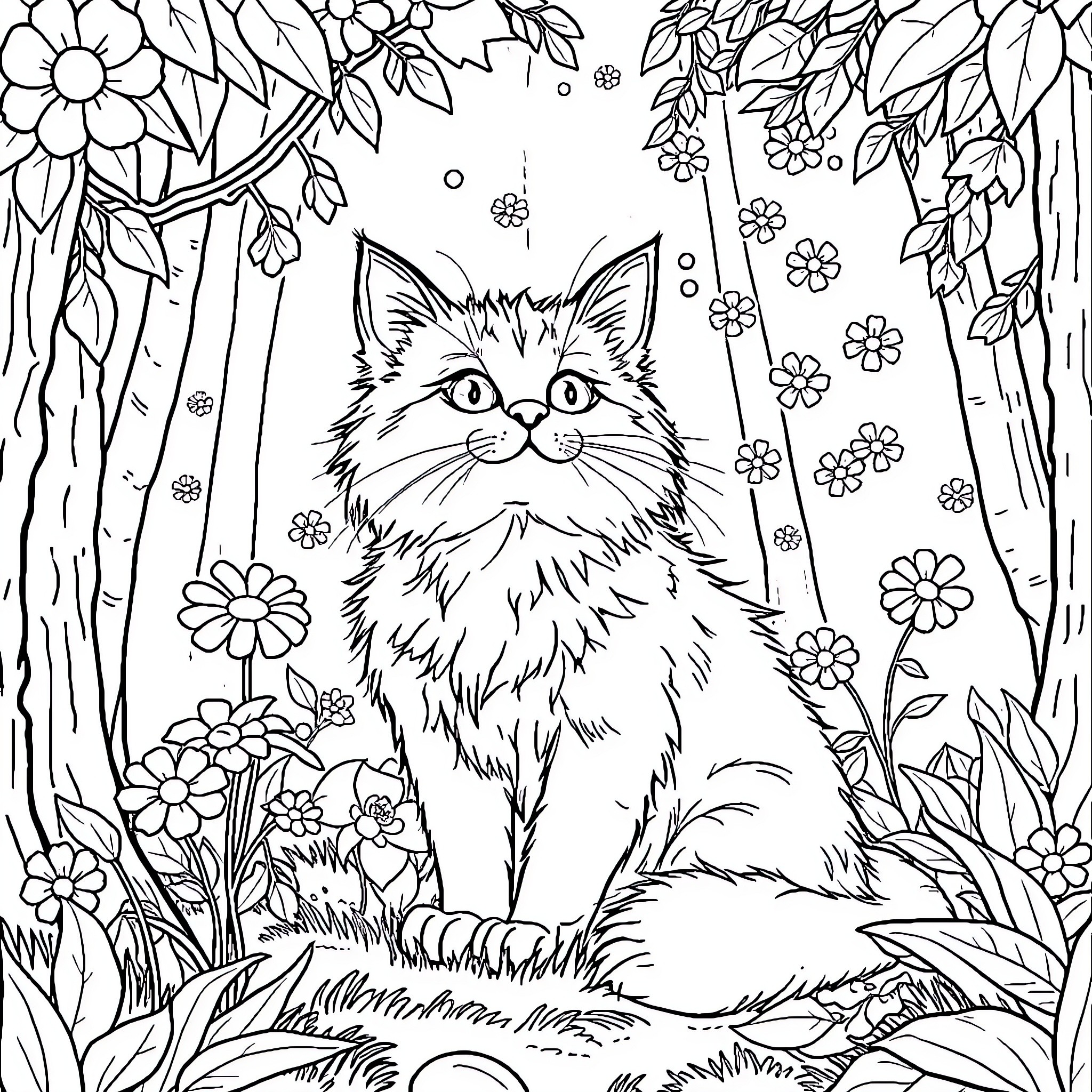 Cat exploring enchanted floral garden Coloring Page (free black-and-white line drawing printable PDF for all, from beginners to advanced learners, including children, teens, adults, and seniors)