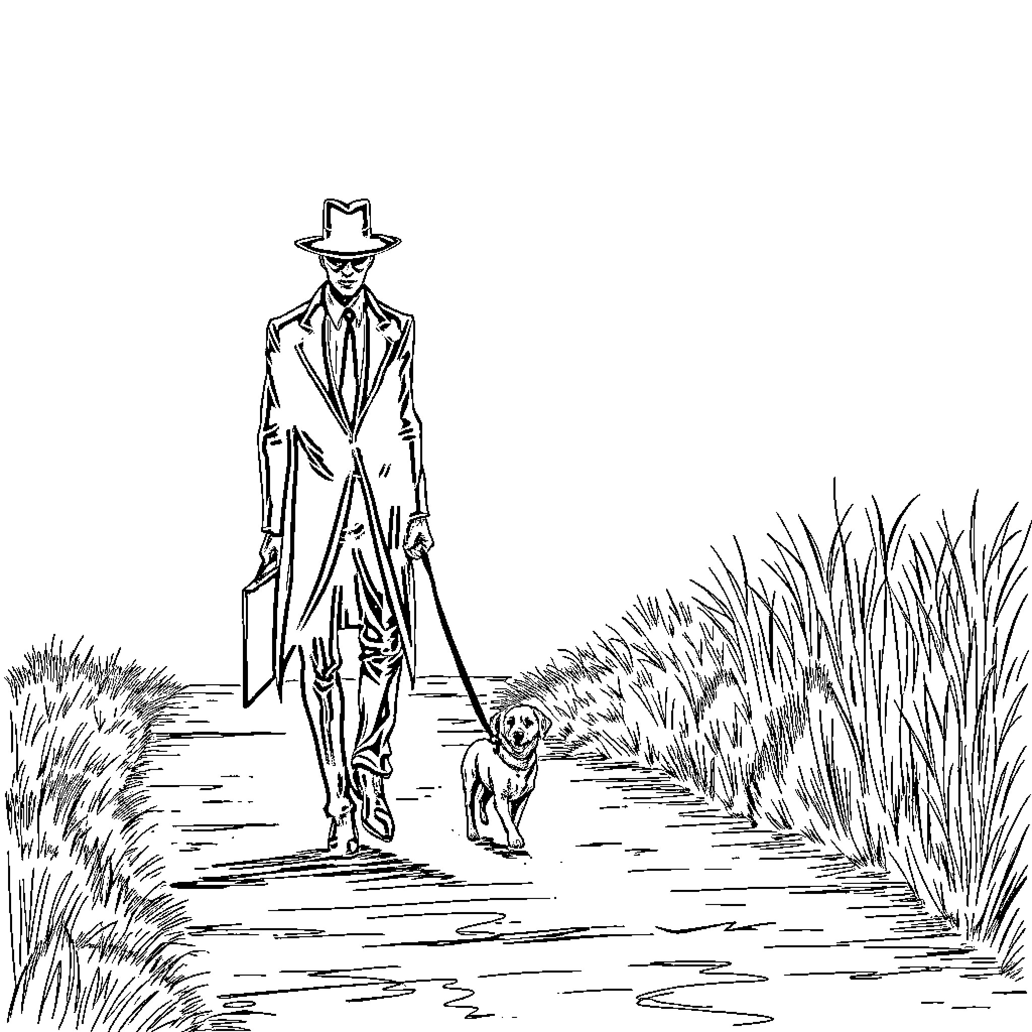 Undertaker walking solemnly with loyal companion Coloring Page (free black-and-white line drawing printable PDF for all, from beginners to advanced learners, including children, teens, adults, and seniors)