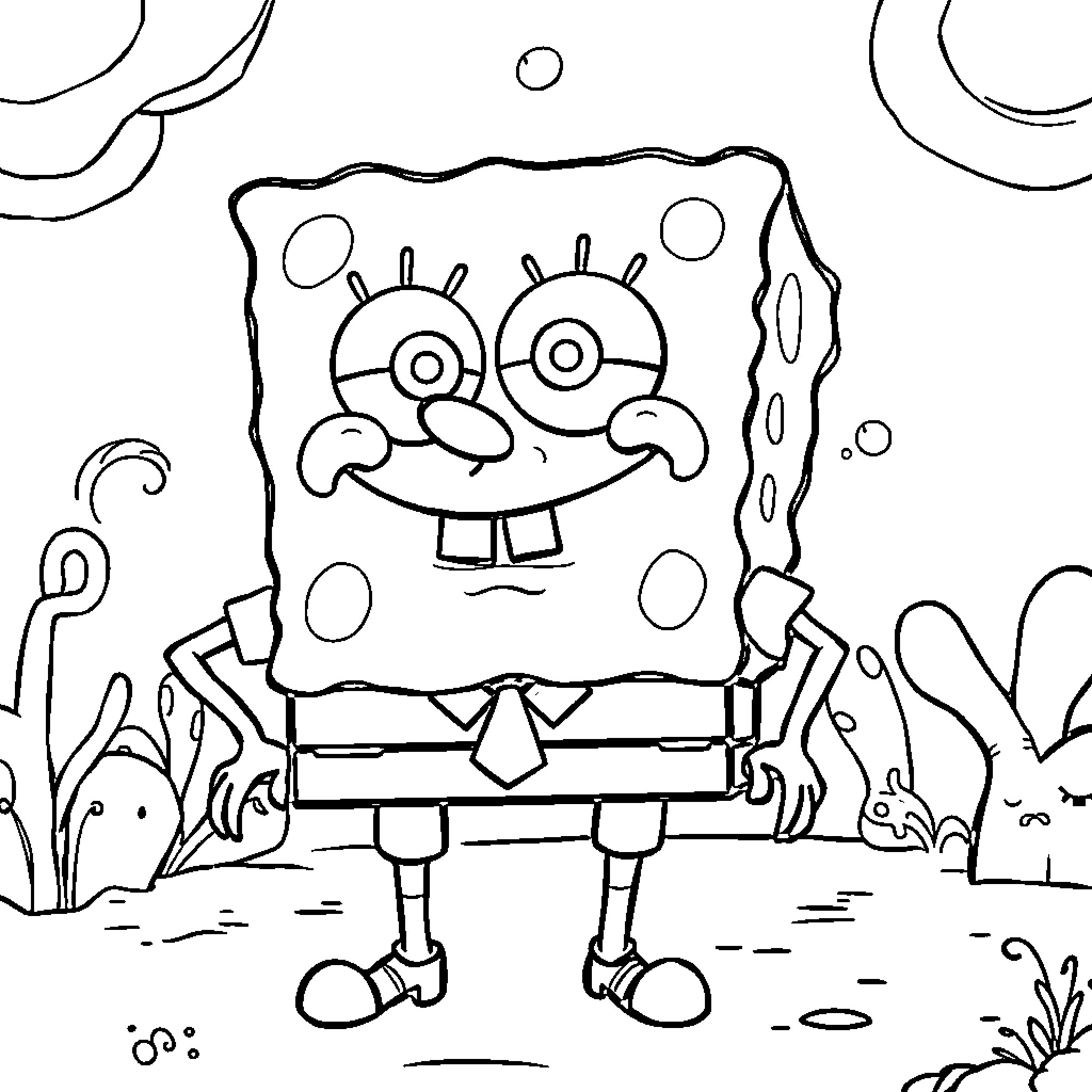 Spongebob's Silly Expression in the Underwater Scene Coloring Page (free black-and-white line drawing printable PDF for all, from beginners to advanced learners, including children, teens, adults, and seniors)