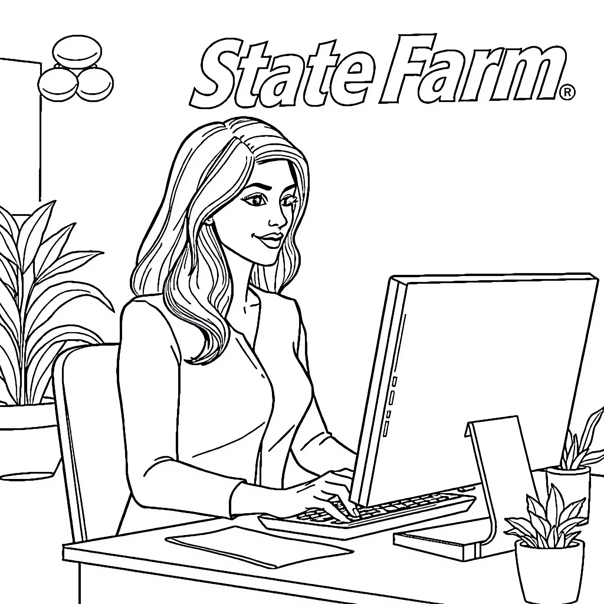 Woman working diligently at her desk Coloring Page (free black-and-white line drawing printable PDF for all, from beginners to advanced learners, including children, teens, adults, and seniors)