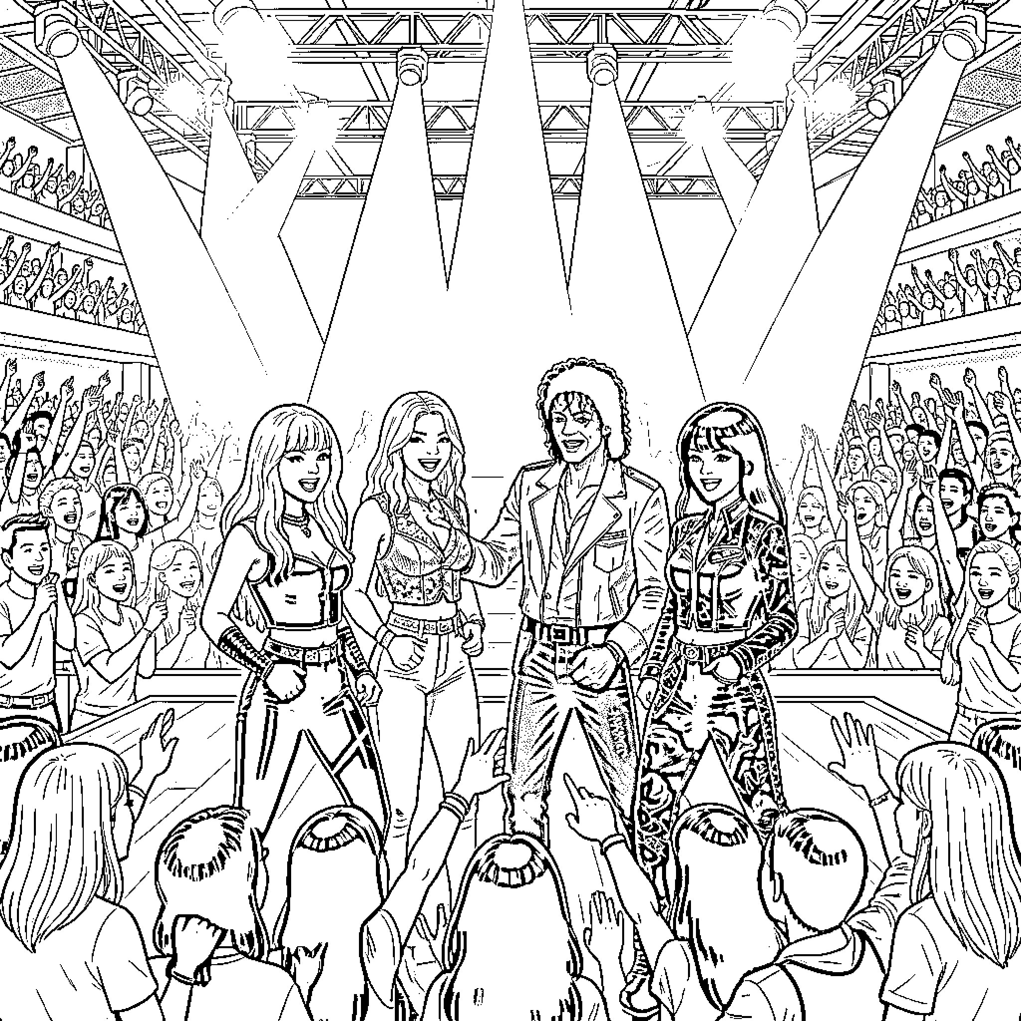 Blackpink on stage performing for cheering crowd Coloring Page (free black-and-white line drawing printable PDF for all, from beginners to advanced learners, including children, teens, adults, and seniors)