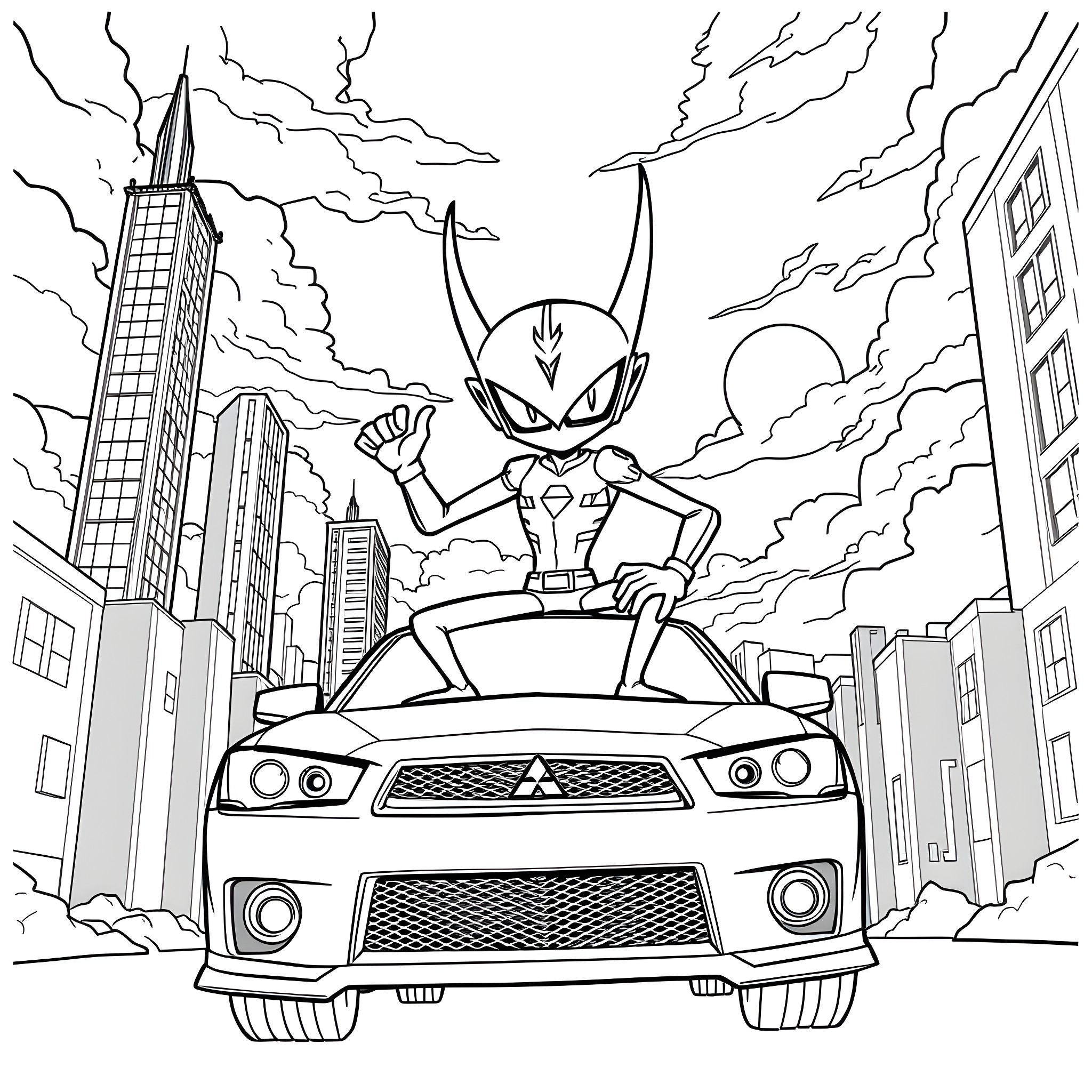 Invader Zim's Destructive Rampage through the City Coloring Page (free black-and-white line drawing printable PDF for all, from beginners to advanced learners, including children, teens, adults, and seniors)