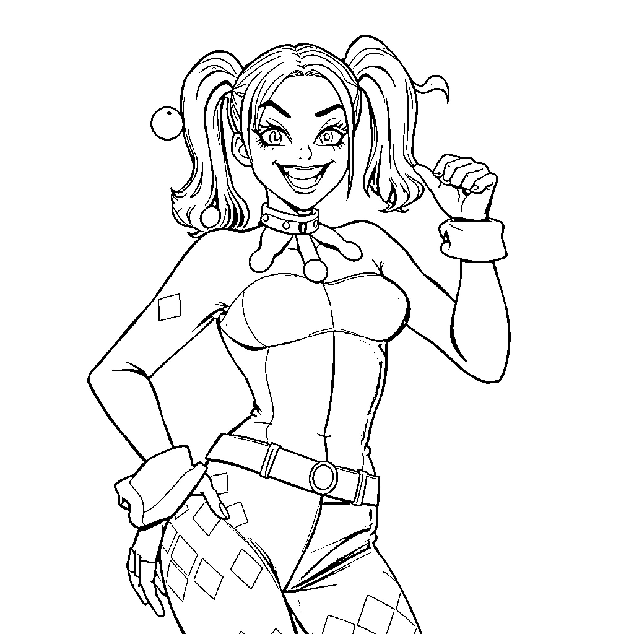 Harley Quinn expressing her playful and mischievous personality Coloring Page (free black-and-white line drawing printable PDF for all, from beginners to advanced learners, including children, teens, adults, and seniors)