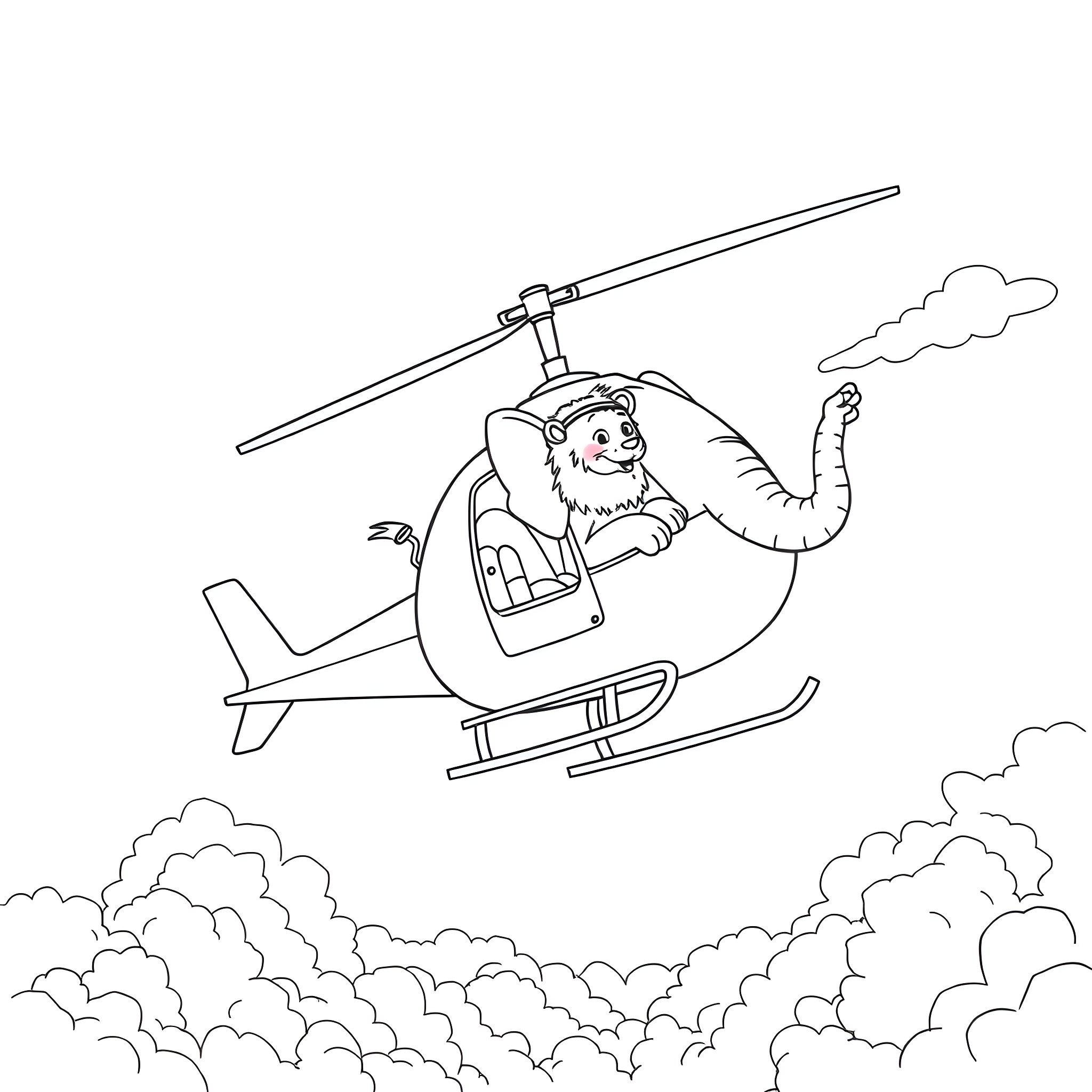 Lion riding a helicopter in the clouds Coloring Page (free black-and-white line drawing printable PDF for all, from beginners to advanced learners, including children, teens, adults, and seniors)