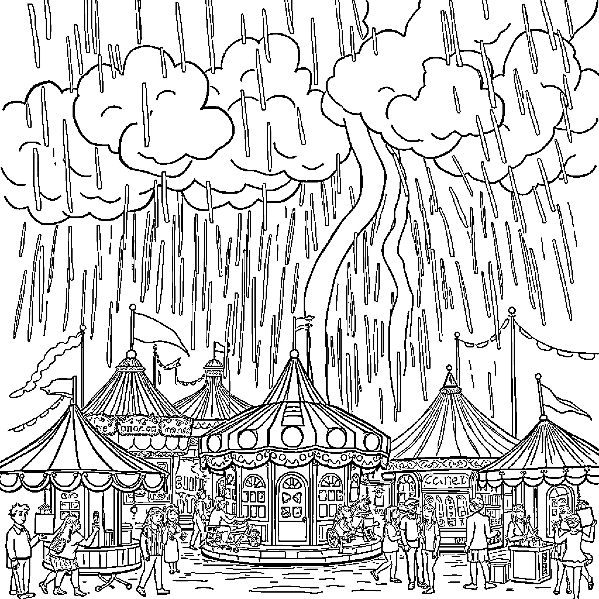 Carnival of festivities under stormy skies Coloring Page (free black-and-white line drawing printable PDF for all, from beginners to advanced learners, including children, teens, adults, and seniors)