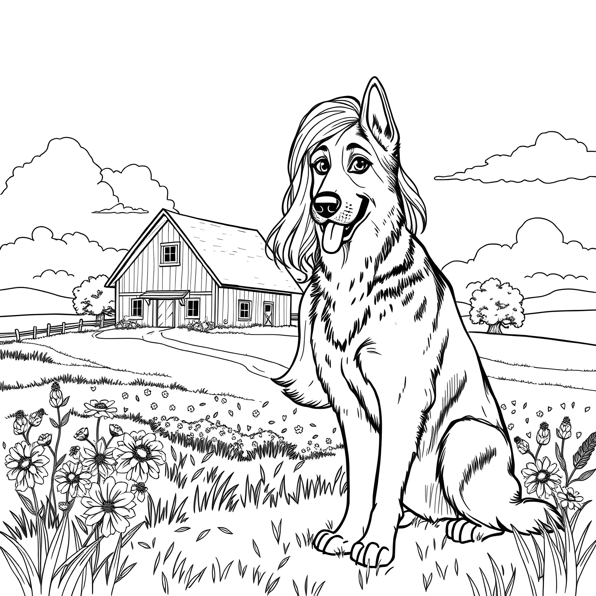 Country Girl and Her Loyal Dog on the Farm Coloring Page (free black-and-white line drawing printable PDF for all, from beginners to advanced learners, including children, teens, adults, and seniors)