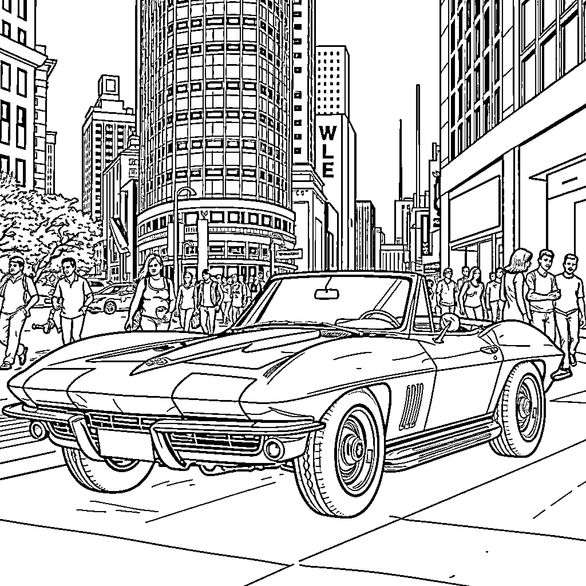 Corvette in Busy City Street Coloring Page (free black-and-white line drawing printable PDF for all, from beginners to advanced learners, including children, teens, adults, and seniors)