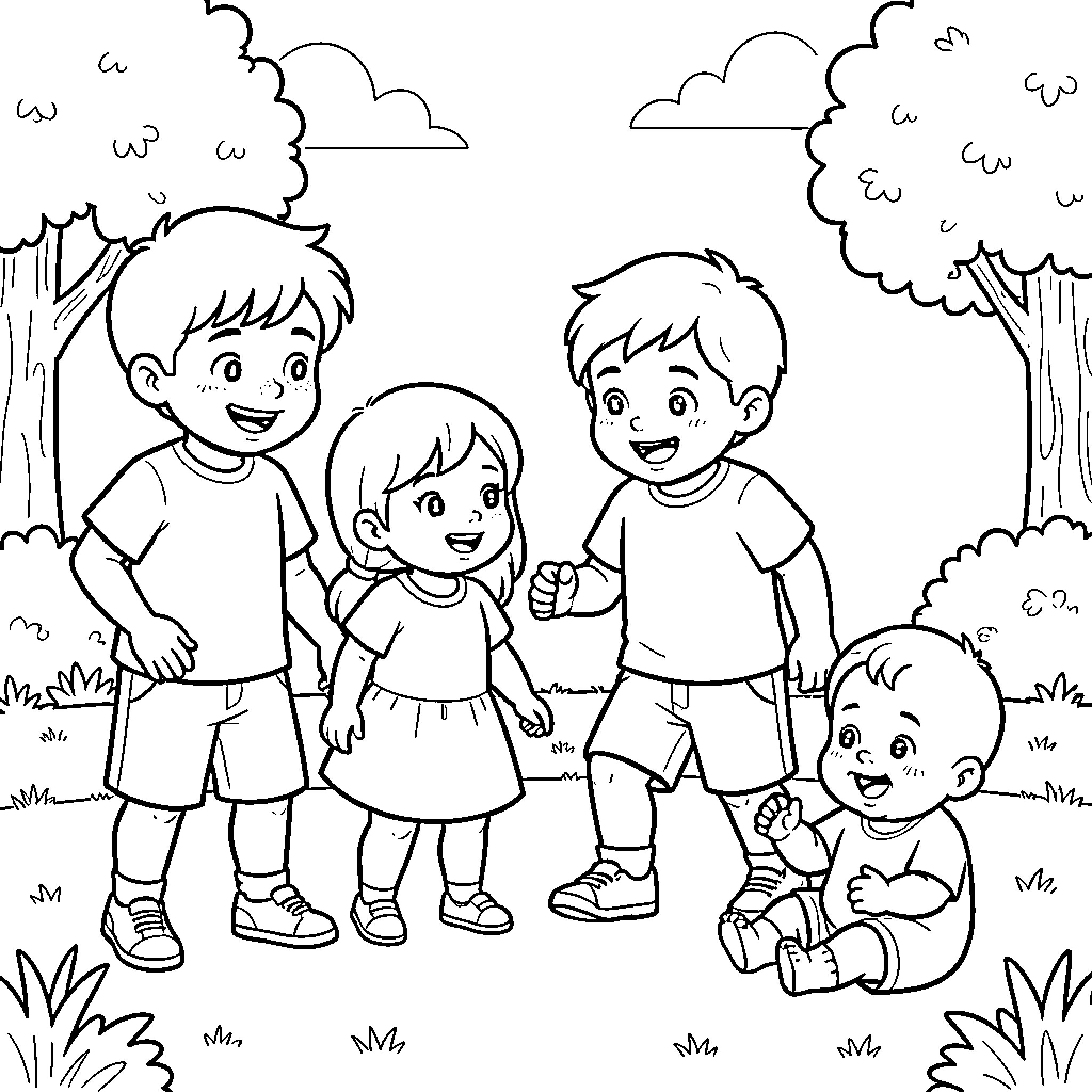 Enfant group of children playing together in nature Coloring Page (free black-and-white line drawing printable PDF for all, from beginners to advanced learners, including children, teens, adults, and seniors)