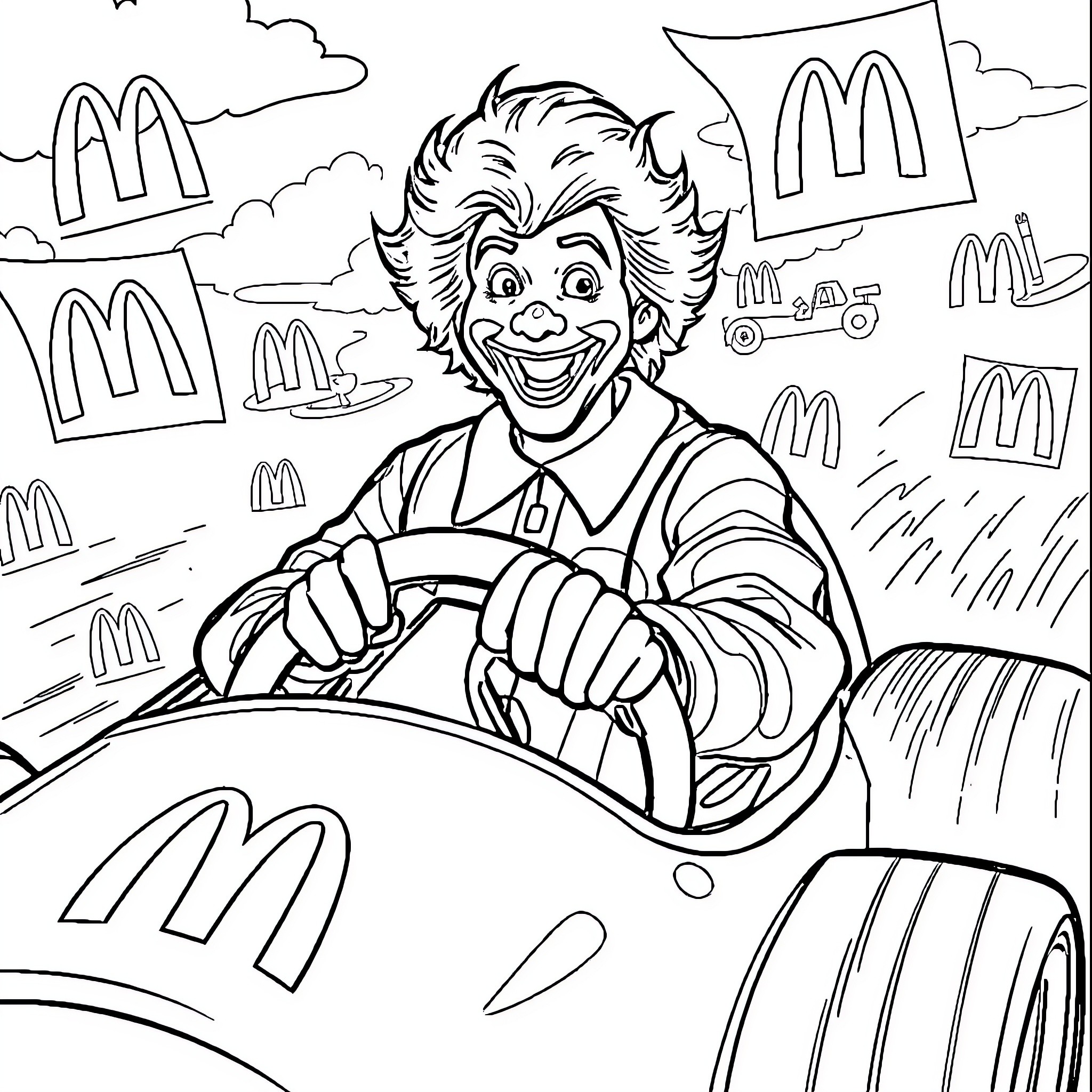 Ronald McDonald driving happily through the fast-food landscape Coloring Page (free black-and-white line drawing printable PDF for all, from beginners to advanced learners, including children, teens, adults, and seniors)