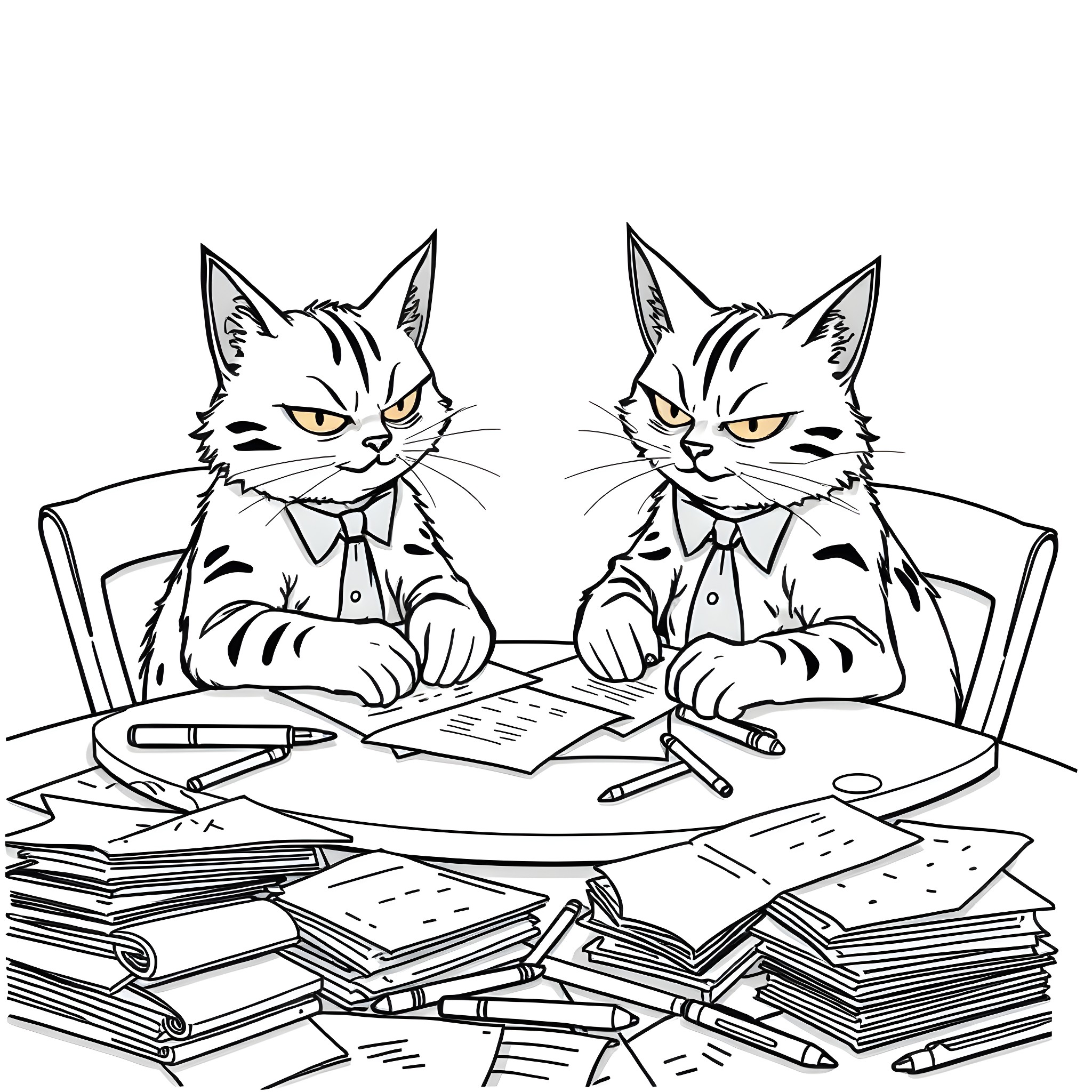 Cats working diligently at desk with paperwork Coloring Page (free black-and-white line drawing printable PDF for all, from beginners to advanced learners, including children, teens, adults, and seniors)