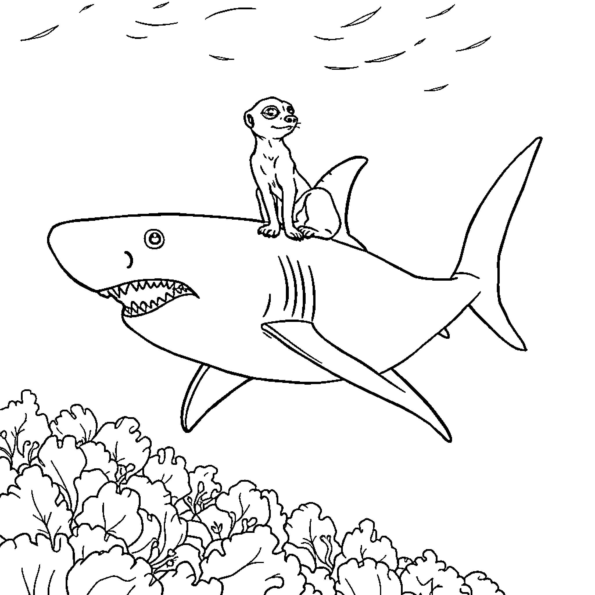 Meerkat riding on a shark in the ocean Coloring Page (free black-and-white line drawing printable PDF for all, from beginners to advanced learners, including children, teens, adults, and seniors)