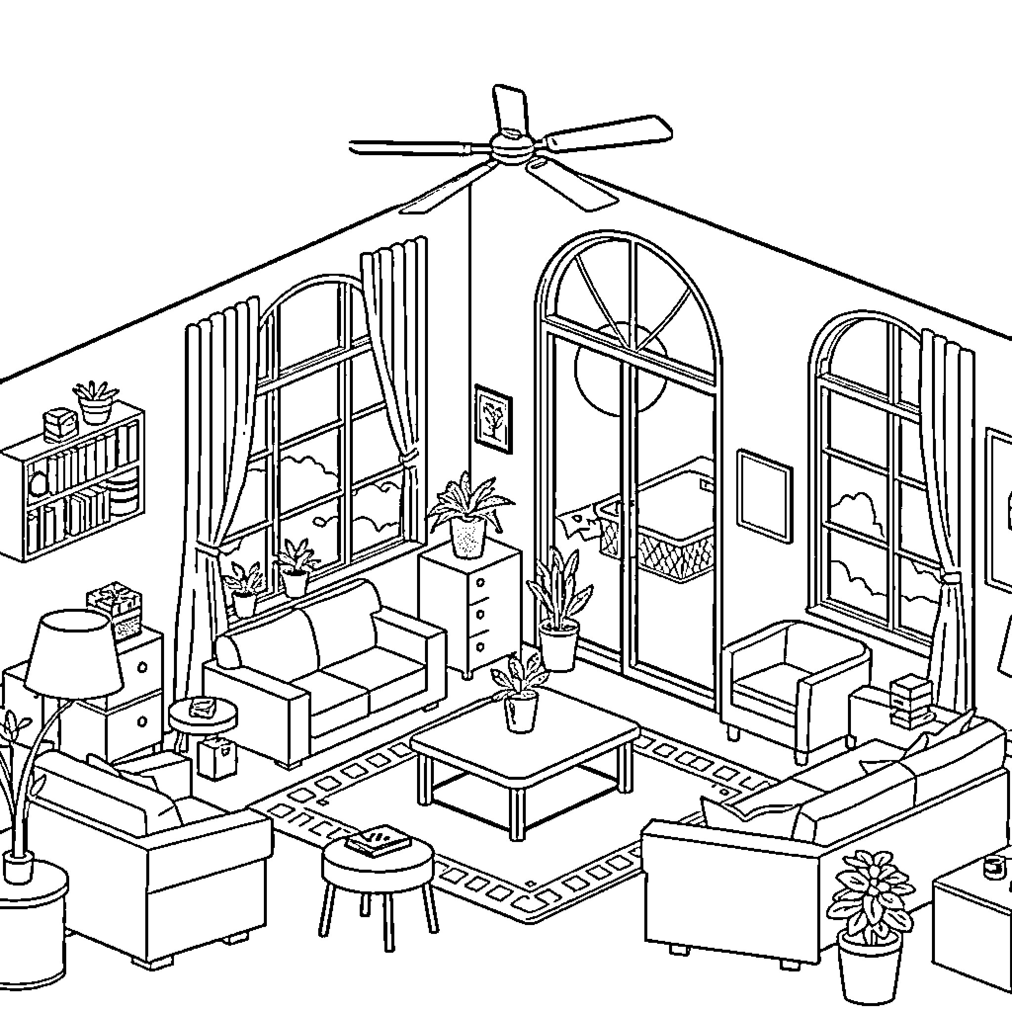 Isometric Room with Cozy Living Area Coloring Page (free black-and-white line drawing printable PDF for all, from beginners to advanced learners, including children, teens, adults, and seniors)