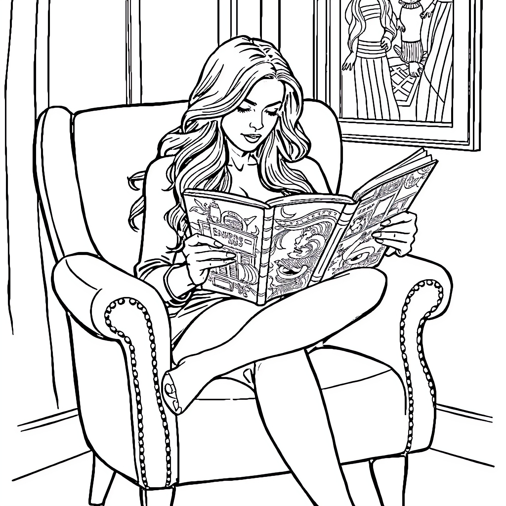 Liliana Vess reading a book intently in her study Coloring Page (free black-and-white line drawing printable PDF for all, from beginners to advanced learners, including children, teens, adults, and seniors)