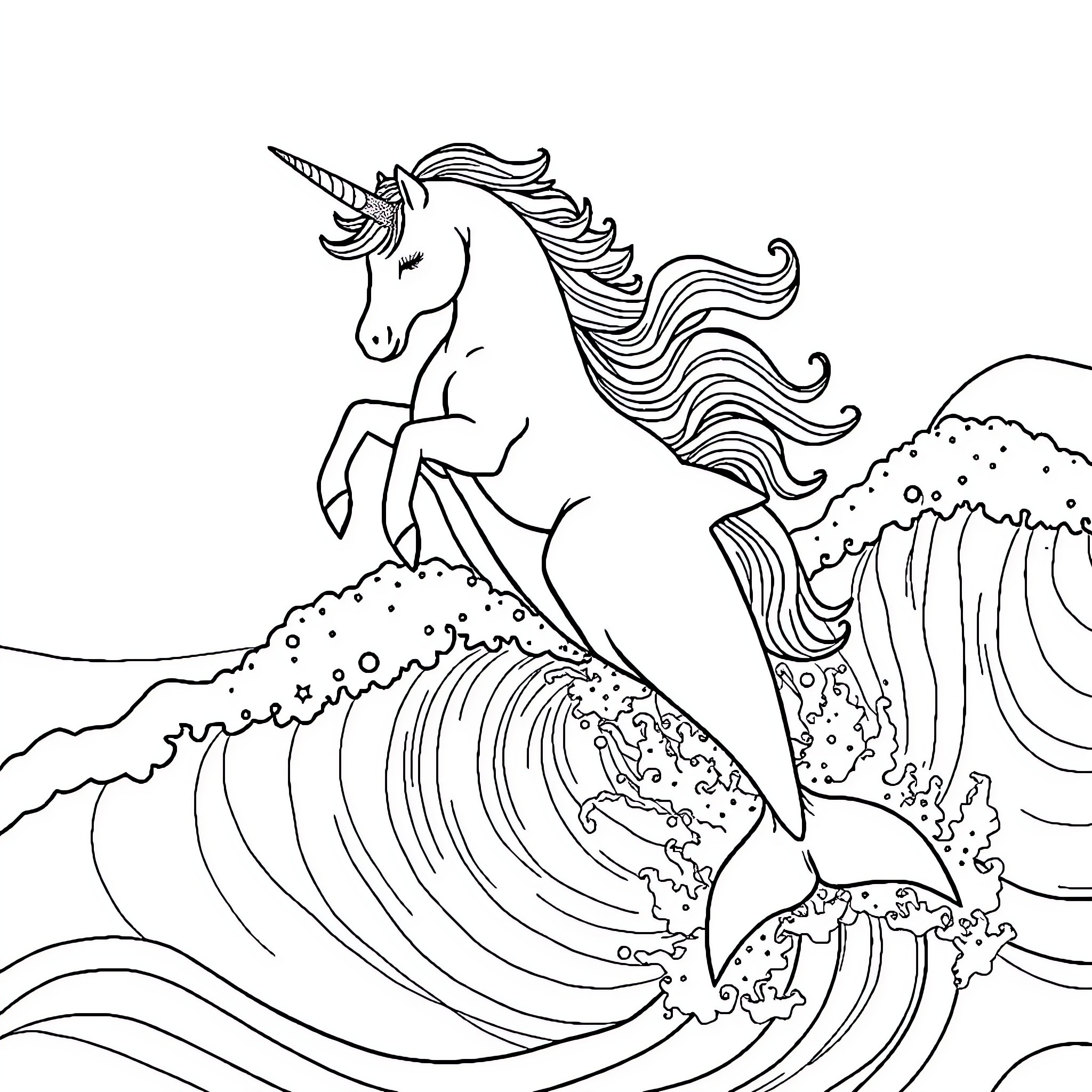 Unicorn riding majestic waves Coloring Page (free black-and-white line drawing printable PDF for all, from beginners to advanced learners, including children, teens, adults, and seniors)
