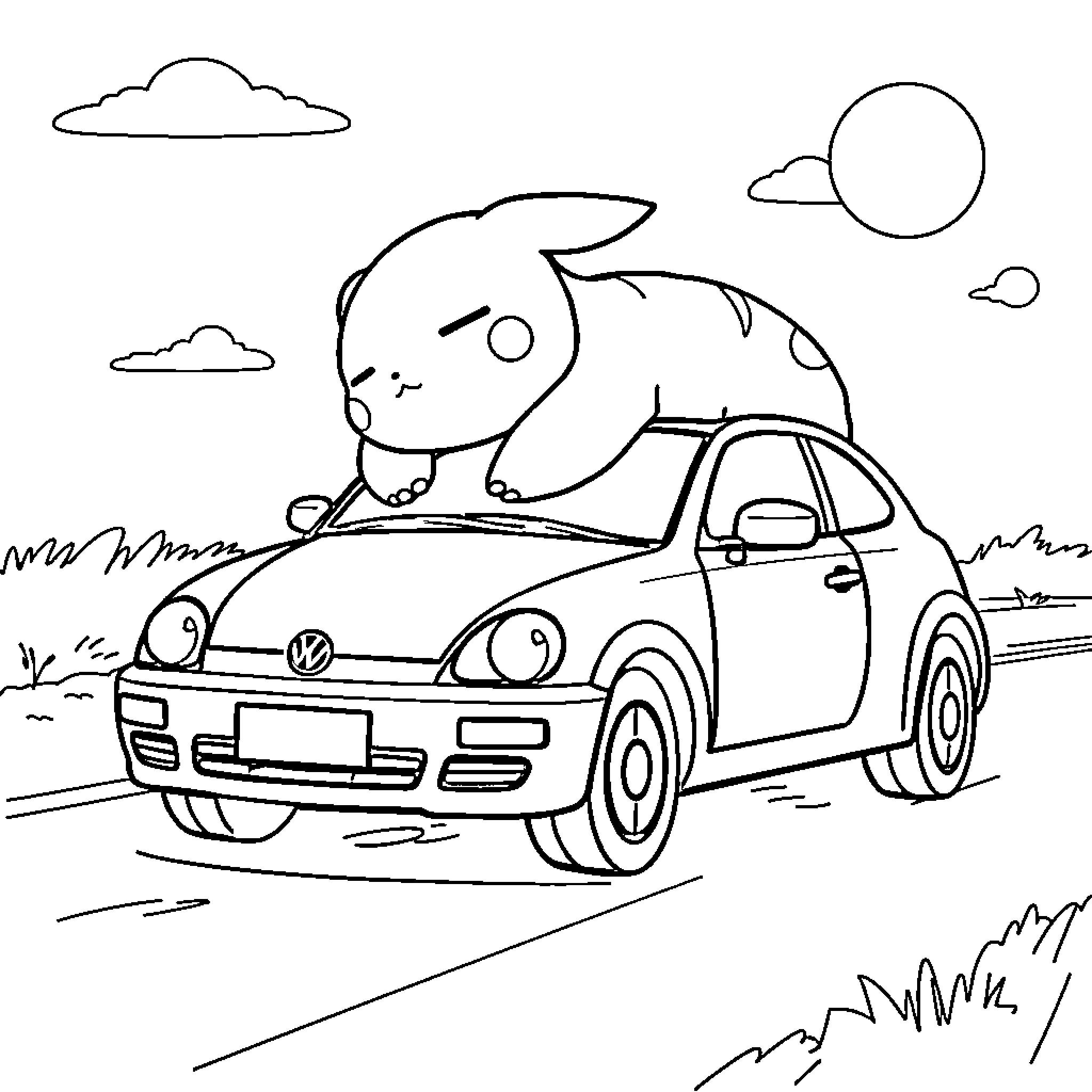 Snorlax sleeping on a car Coloring Page (free black-and-white line drawing printable PDF for all, from beginners to advanced learners, including children, teens, adults, and seniors)