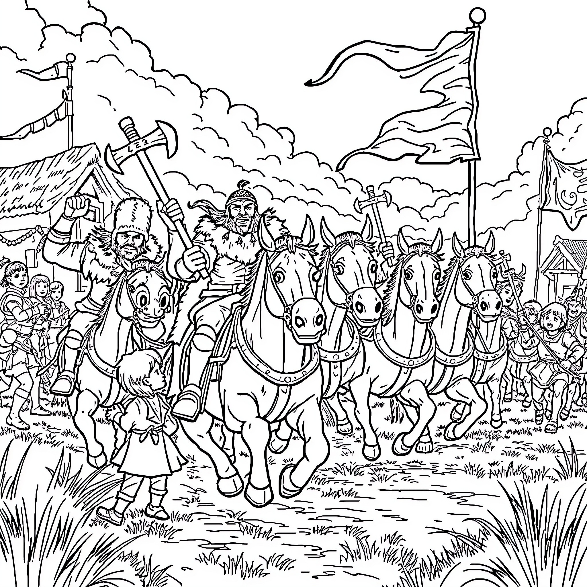 Barbarian Horde Charging into Battle Coloring Page (free black-and-white line drawing printable PDF for all, from beginners to advanced learners, including children, teens, adults, and seniors)