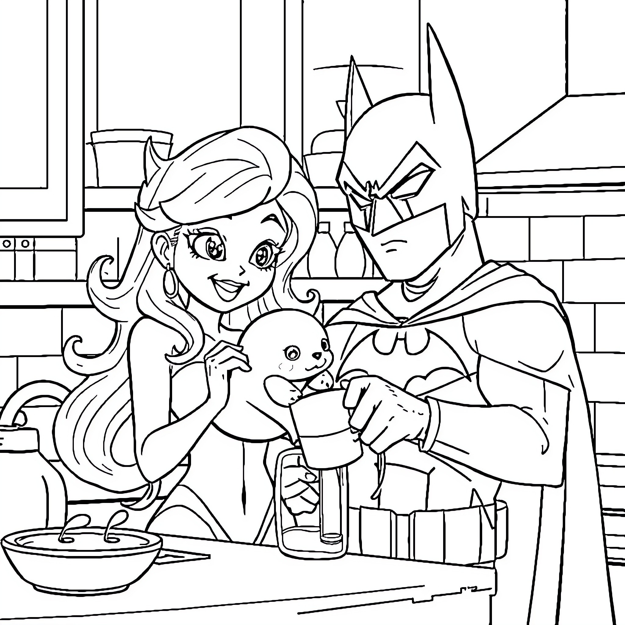 Cinderella, Batman, and Scrappy Doo Prepare a Meal Together Coloring Page (free black-and-white line drawing printable PDF for all, from beginners to advanced learners, including children, teens, adults, and seniors)