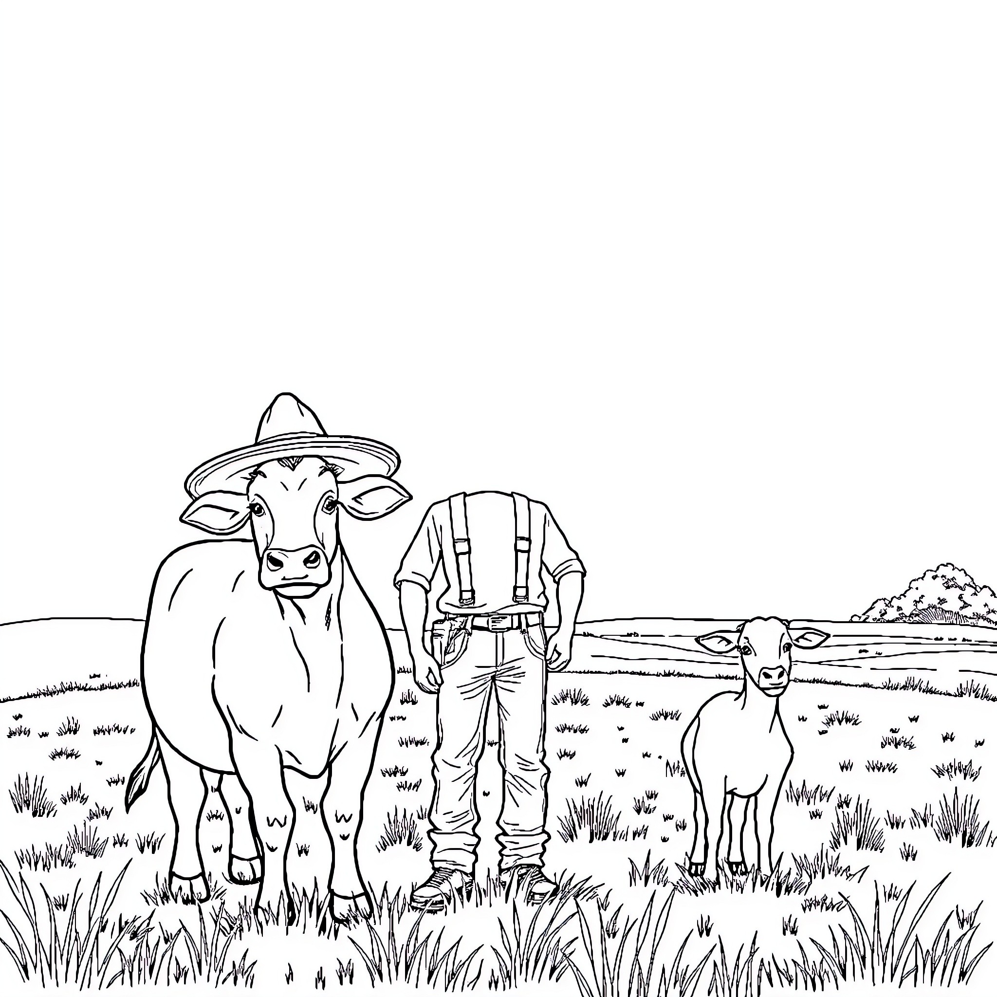 Rancher tending to cattle in a pastoral setting Coloring Page (free black-and-white line drawing printable PDF for all, from beginners to advanced learners, including children, teens, adults, and seniors)