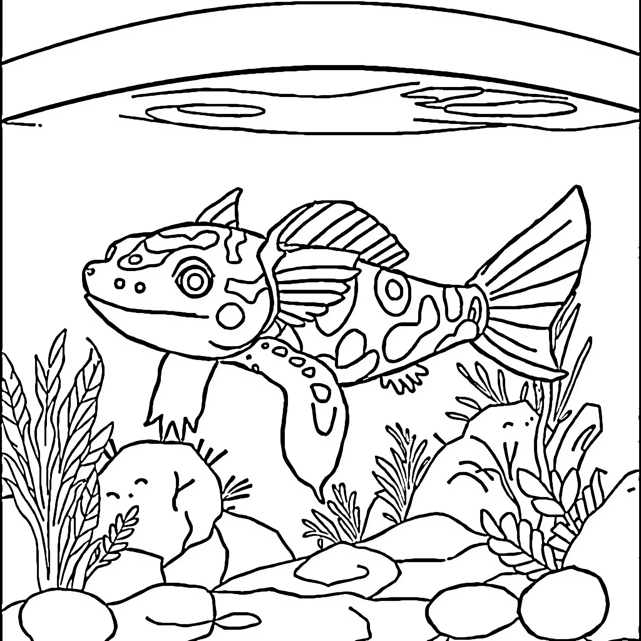 Axolotl exploring the underwater world Coloring Page (free black-and-white line drawing printable PDF for all, from beginners to advanced learners, including children, teens, adults, and seniors)