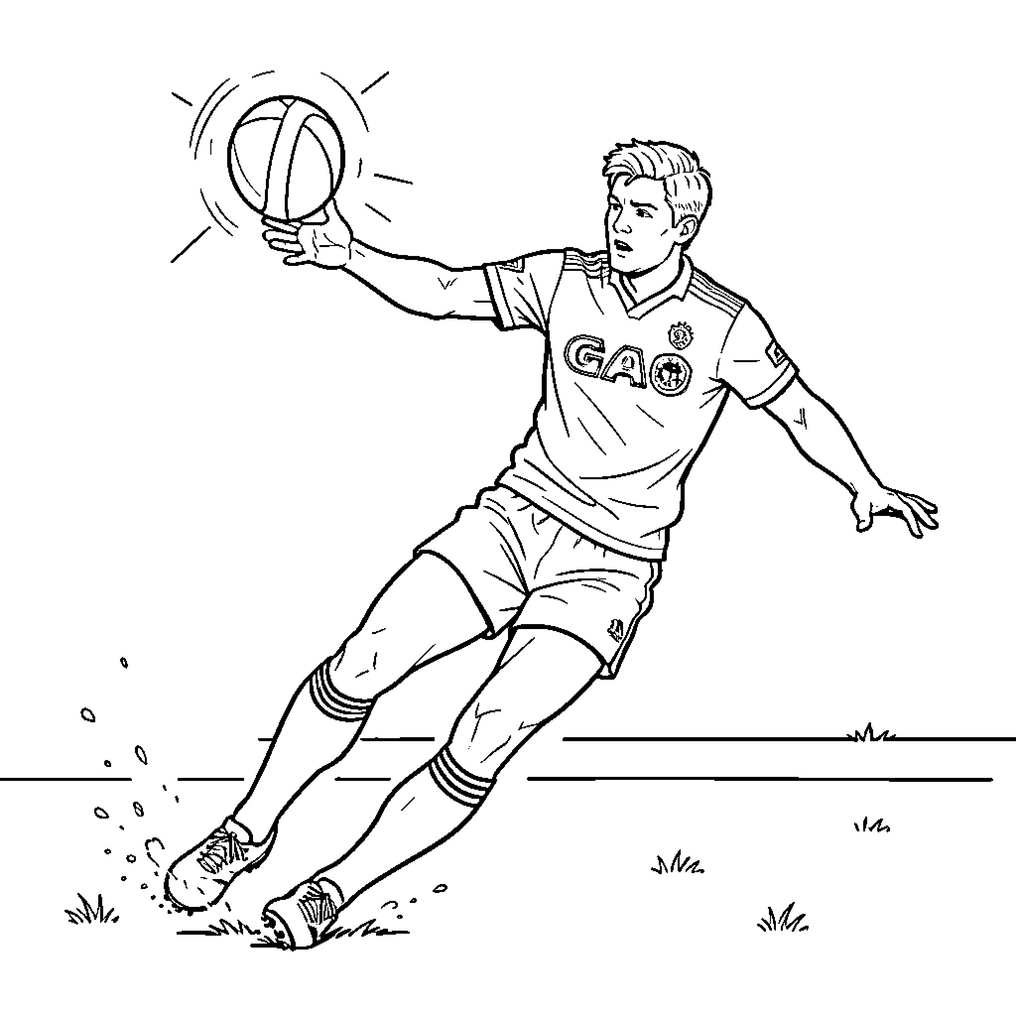 GAA Player passing the ball in action Coloring Page (free black-and-white line drawing printable PDF for all, from beginners to advanced learners, including children, teens, adults, and seniors)