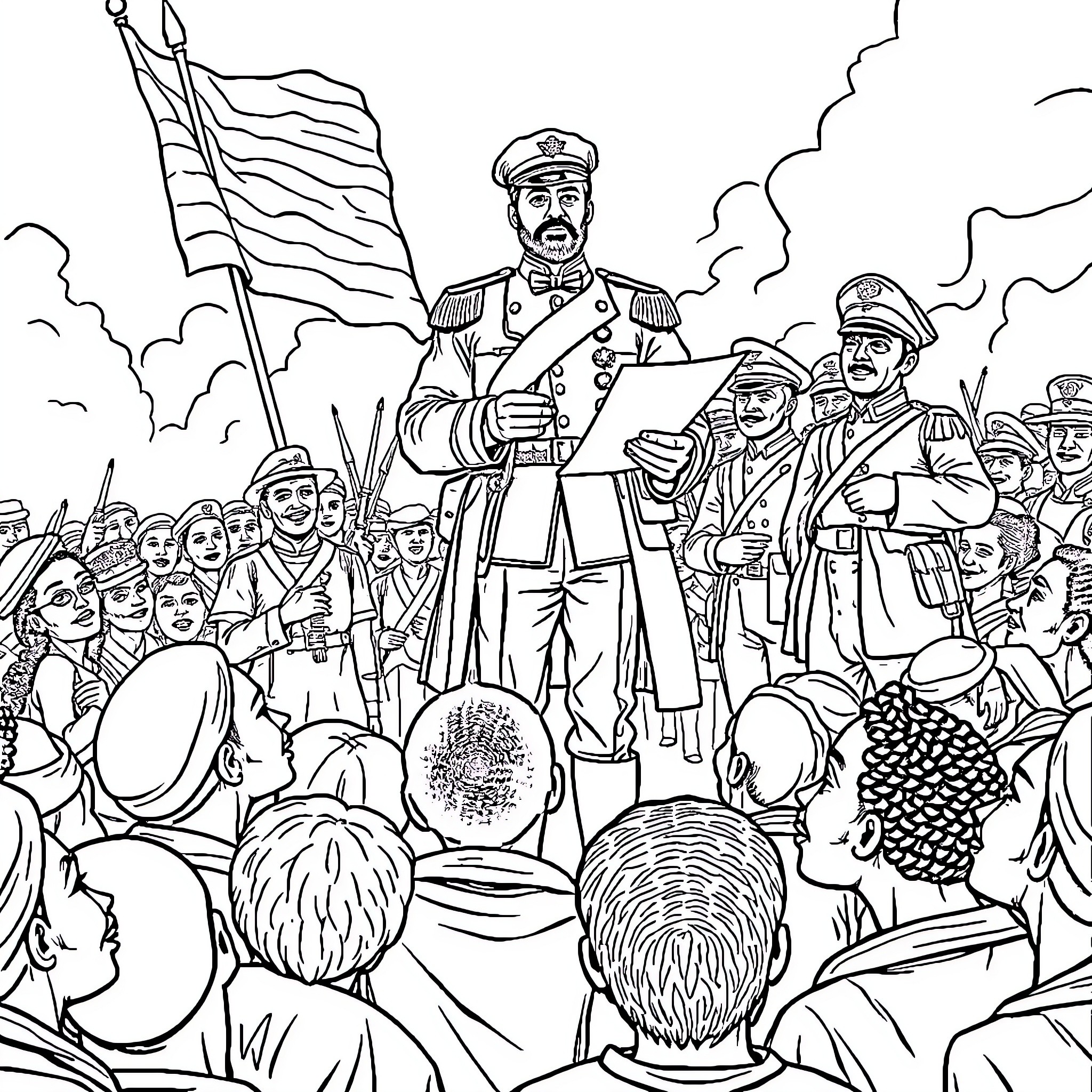 General Scene of Historical Military Figures and Crowd Coloring Page (free black-and-white line drawing printable PDF for all, from beginners to advanced learners, including children, teens, adults, and seniors)