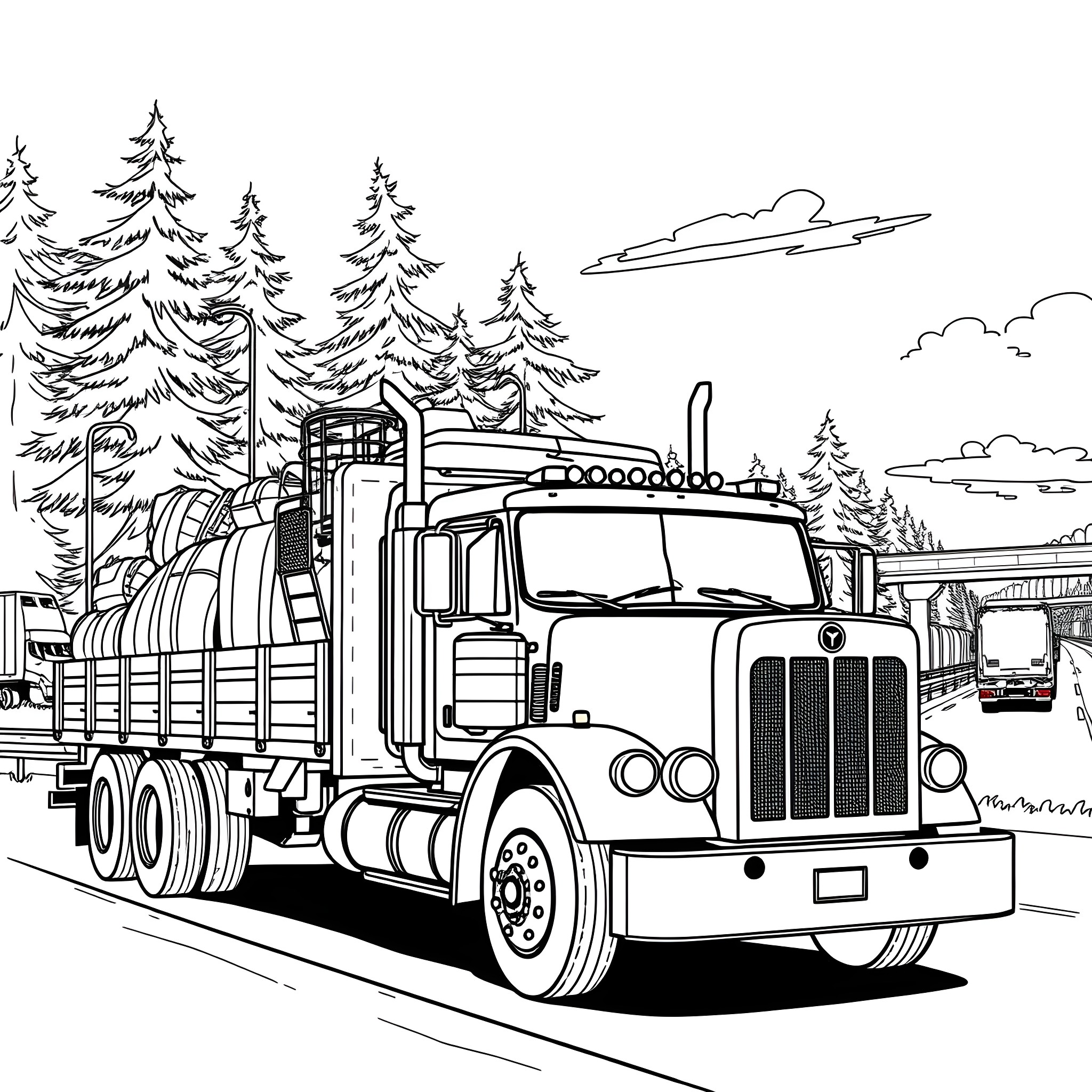 Flatbed truck transporting logs through snowy forest Coloring Page (free black-and-white line drawing printable PDF for all, from beginners to advanced learners, including children, teens, adults, and seniors)