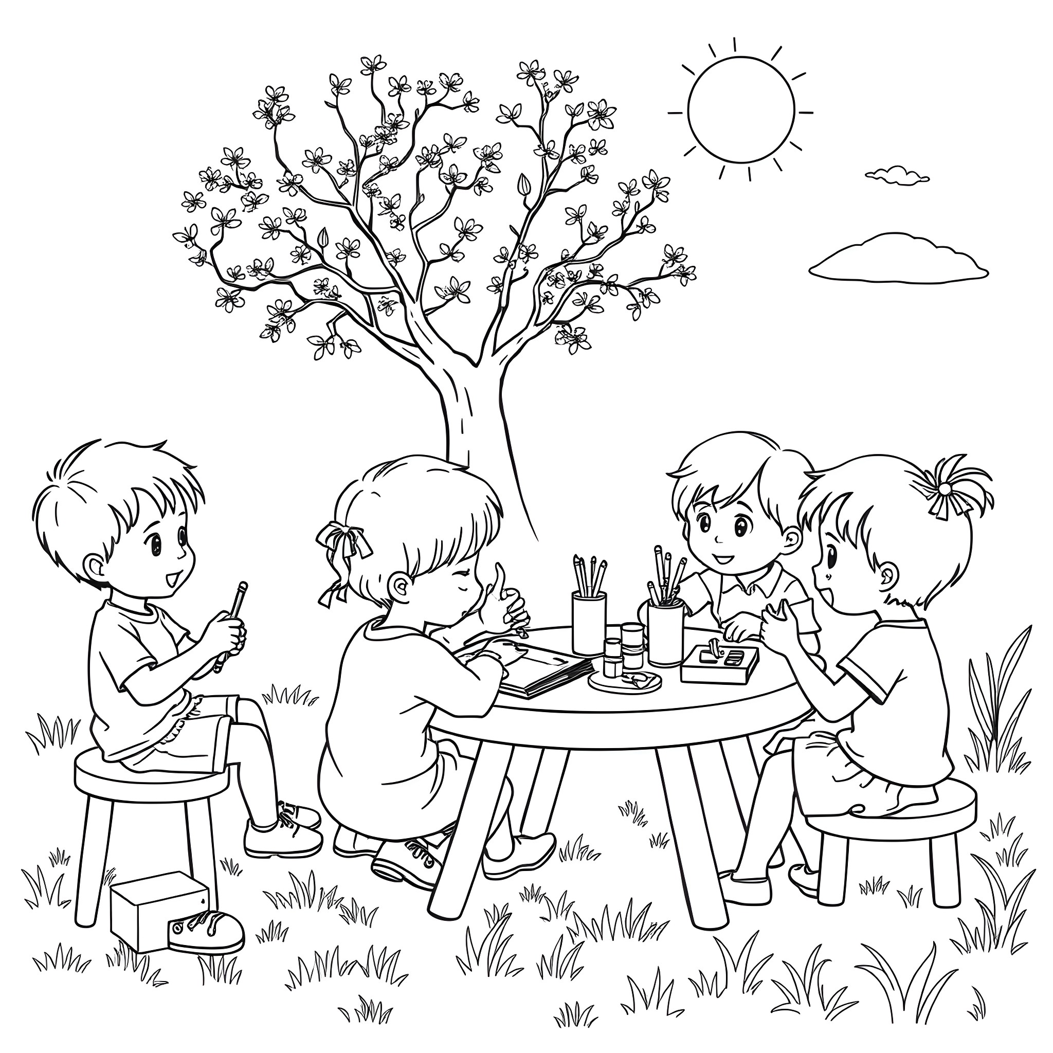 Kids enjoying outdoor art and creativity Coloring Page (free black-and-white line drawing printable PDF for all, from beginners to advanced learners, including children, teens, adults, and seniors)