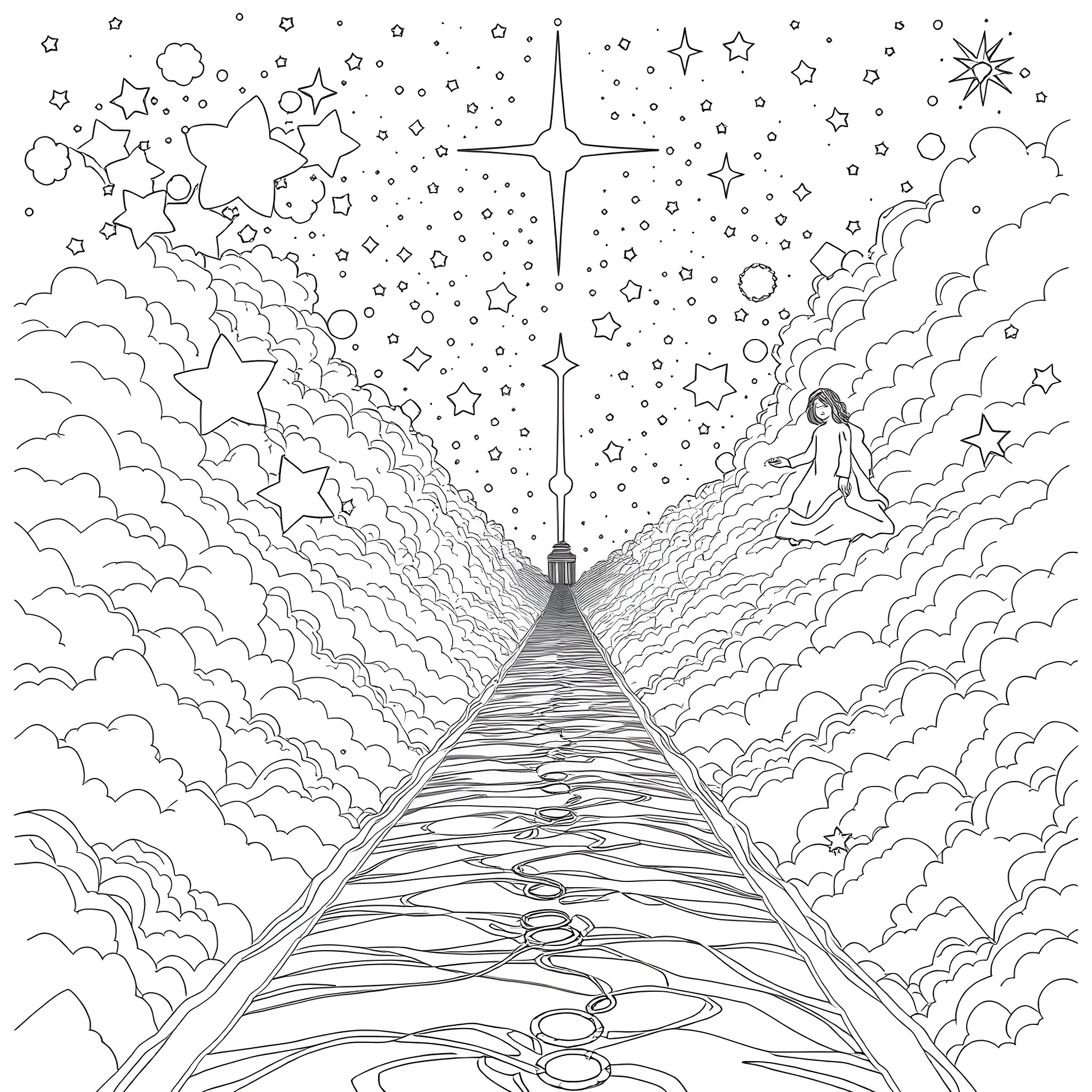 Road to the Starry Horizon Coloring Page (free black-and-white line drawing printable PDF for all, from beginners to advanced learners, including children, teens, adults, and seniors)