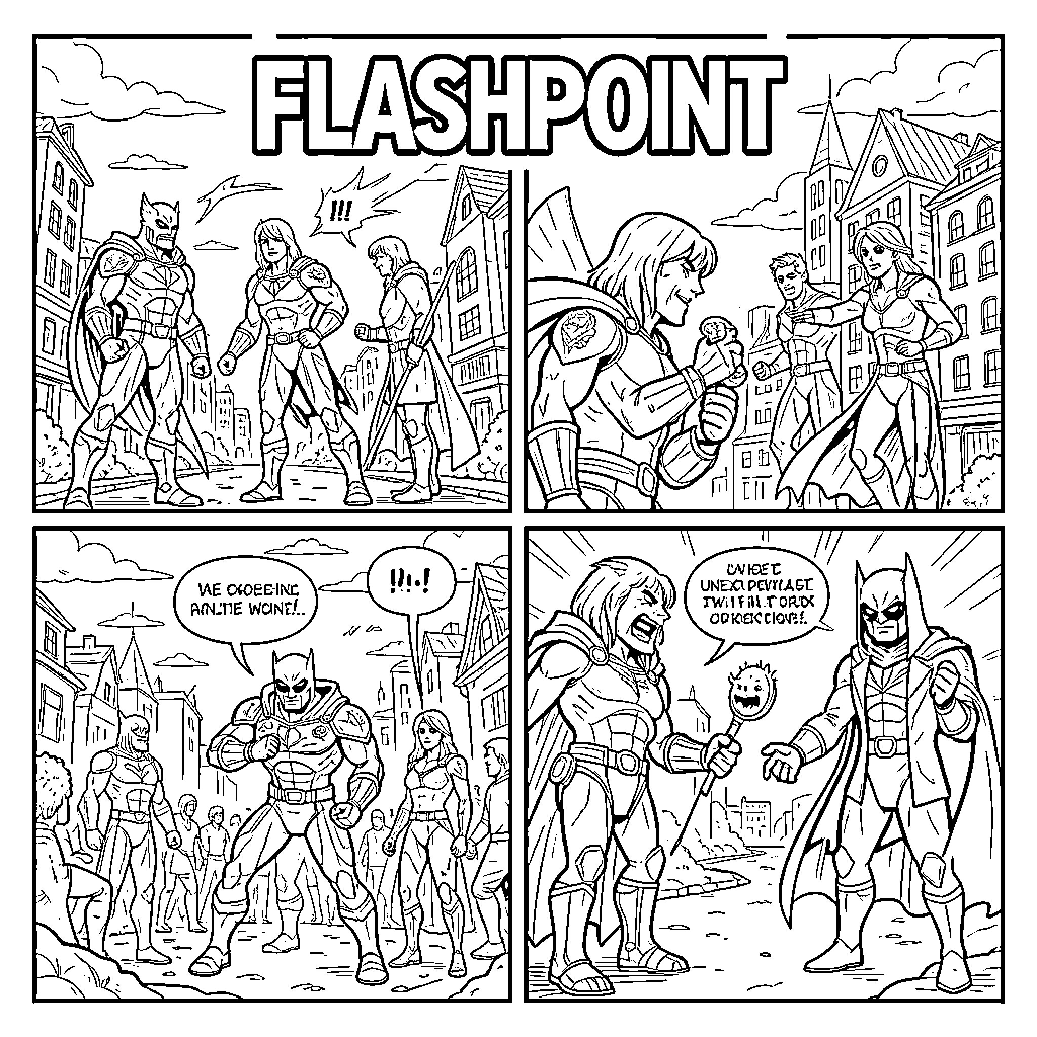 Flashpoint heroes engaging in a dramatic confrontation Coloring Page (free black-and-white line drawing printable PDF for all, from beginners to advanced learners, including children, teens, adults, and seniors)