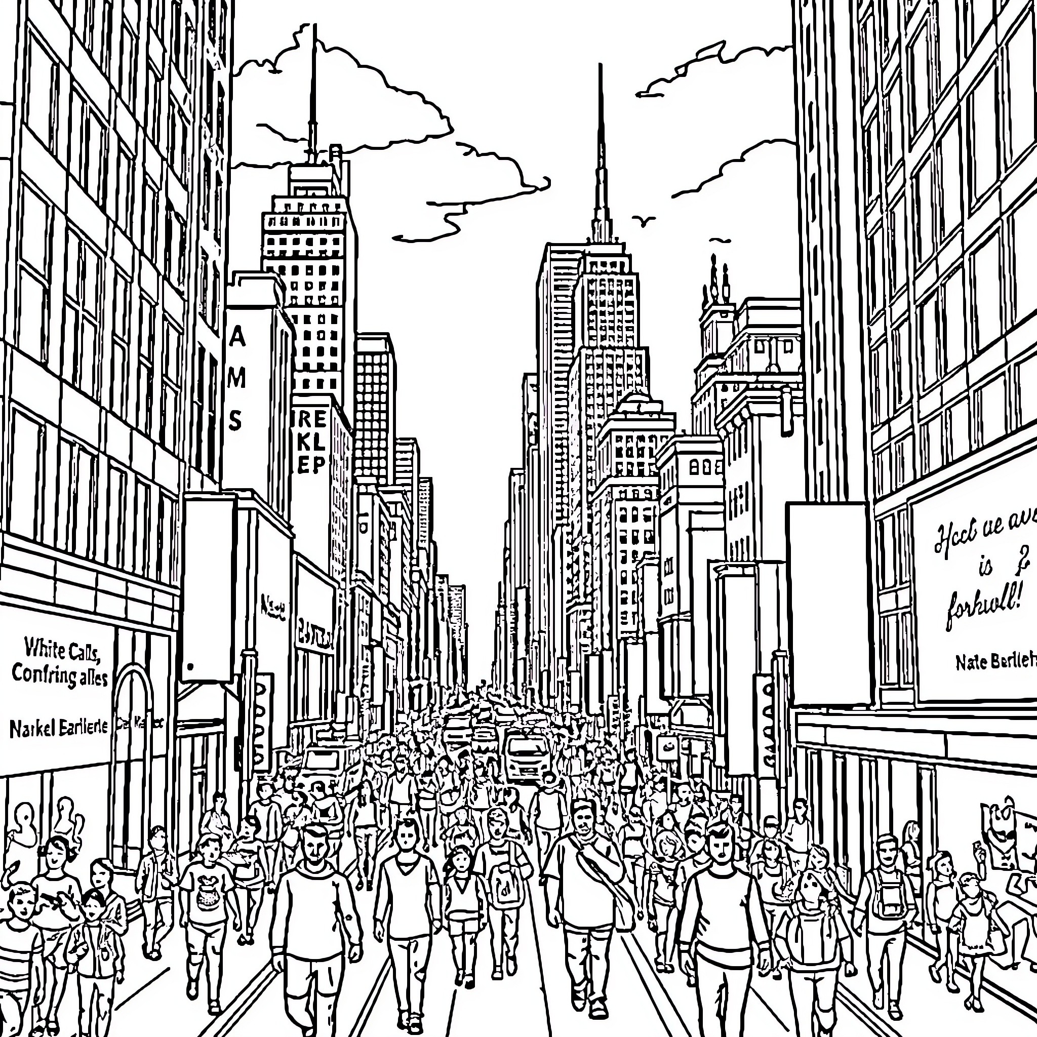 City with Bustling Street Scene and Towering Skyscrapers Coloring Page (free black-and-white line drawing printable PDF for all, from beginners to advanced learners, including children, teens, adults, and seniors)